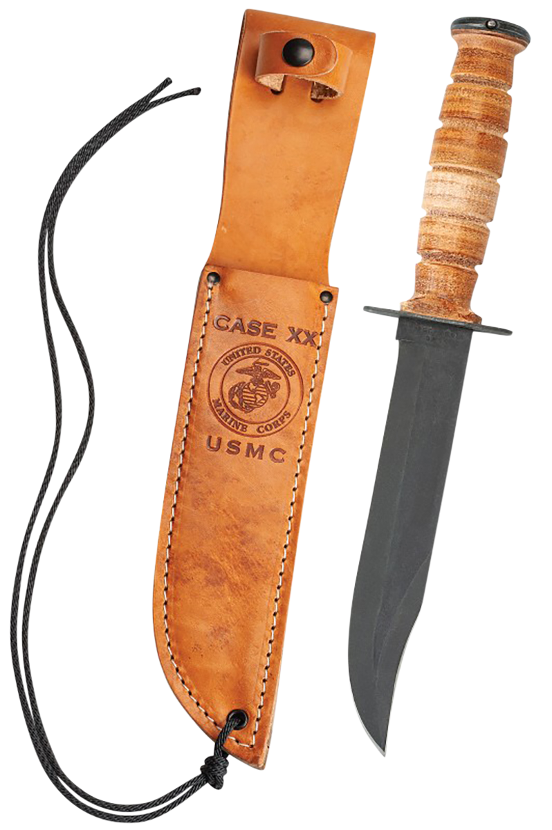 Case 00334 USMC7" Fixed Clip Point Plain Blackened 1095 Carbon Steel Blade Grooved Leather Handle