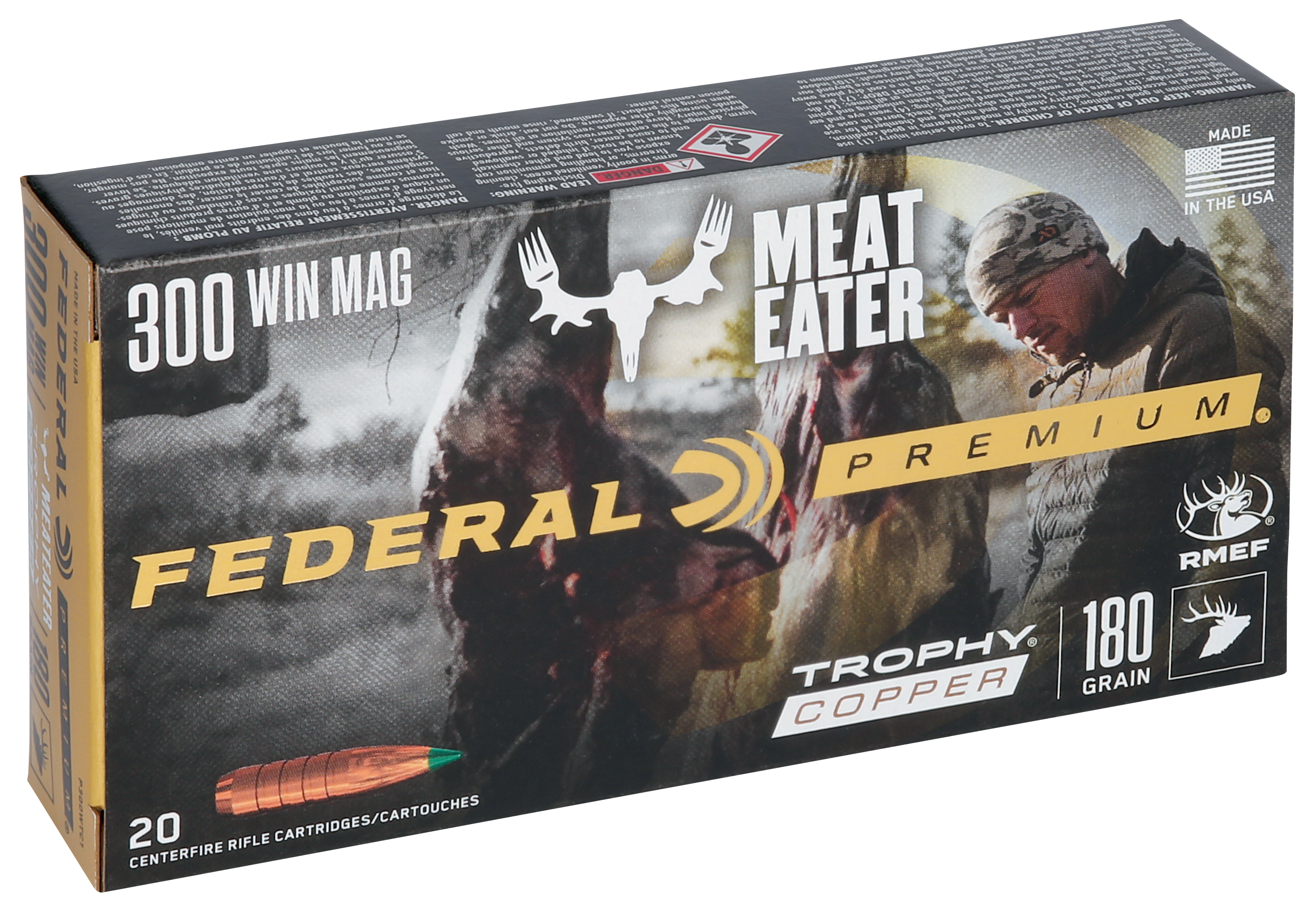 Federal Premium Meat Eater Ammunition 300 Winchester Magnum 180 Grain Trophy Copper Tipped Boat Tail Lead-Free 20RD