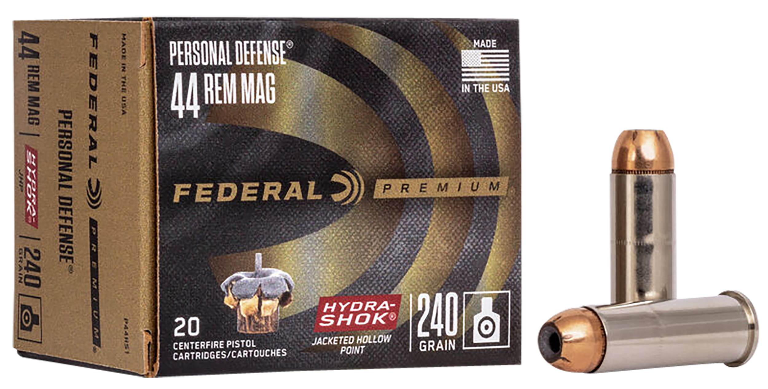 Federal Premium Personal Defense Ammunition 44 Remington Magnum 240 Grain Hydra-Shok Jacketed Hollow Point 20RD
