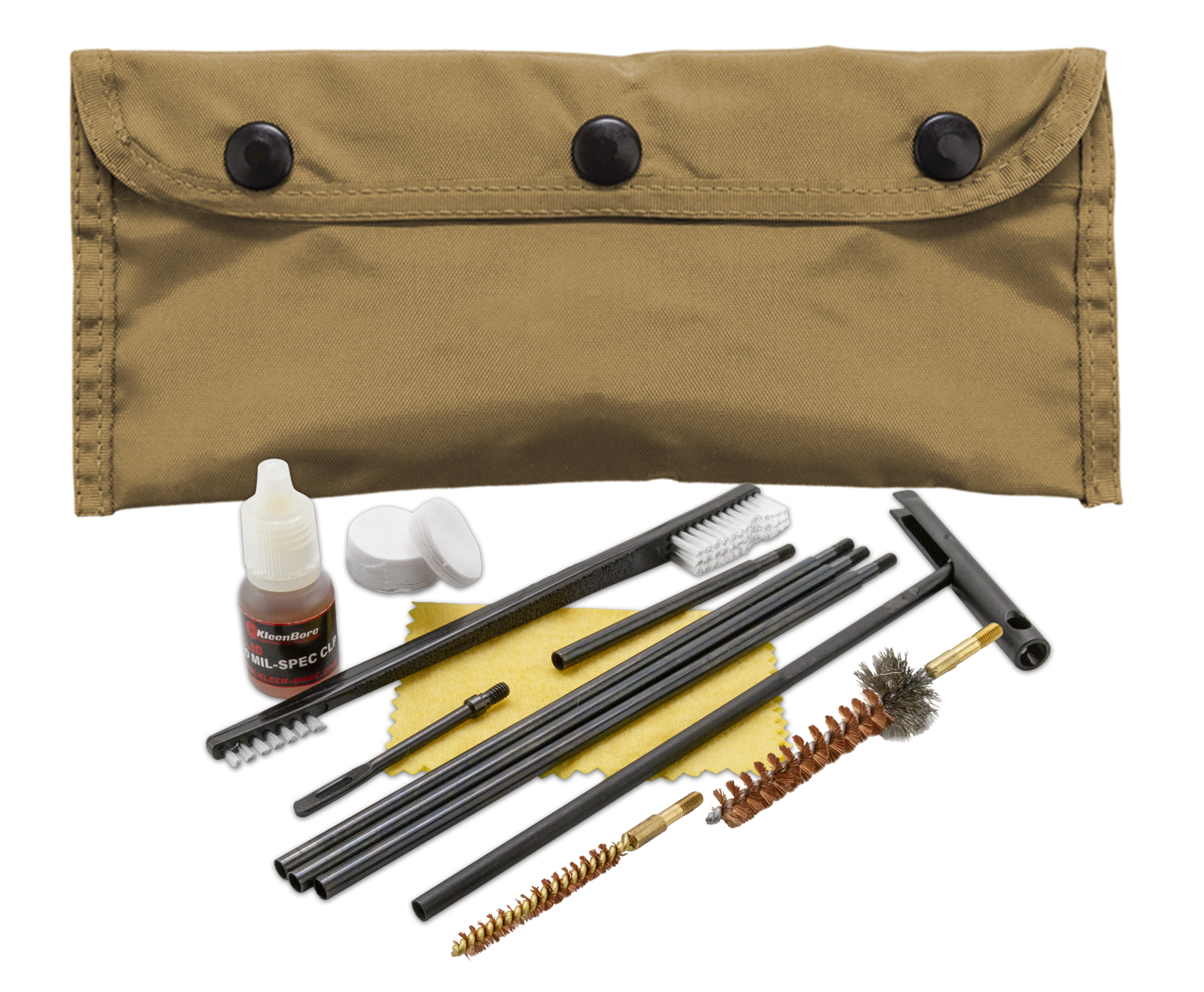 KleenBore POU302T Modular Cleaning Kit Coyote Tan Multi-Caliber Handgun/Rifle Bronze/Nylon Bristles Nylon Case