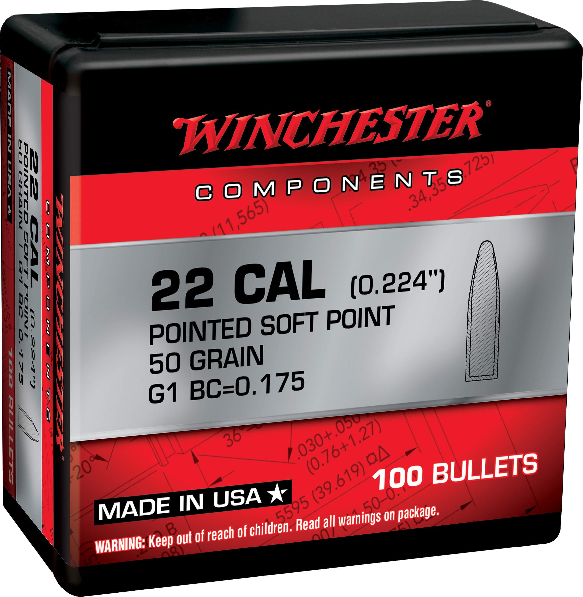 Winchester AmmoCenterfire Rifle Reloading 222 Rem .224 50 gr Pointed Soft Point (PSP) 100 Per Box