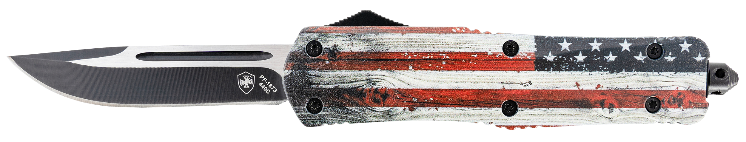Templar Knife LWUS331 Wood US Flag Gen II Large 3.50" OTF Drop Point Plain Black Oxide Stonewashed 440C SS Blade/ 5.25" Painted Wood Grain US Flag Aluminum Handle Features Glass Breaker Includes Pocket Clip/Sheath