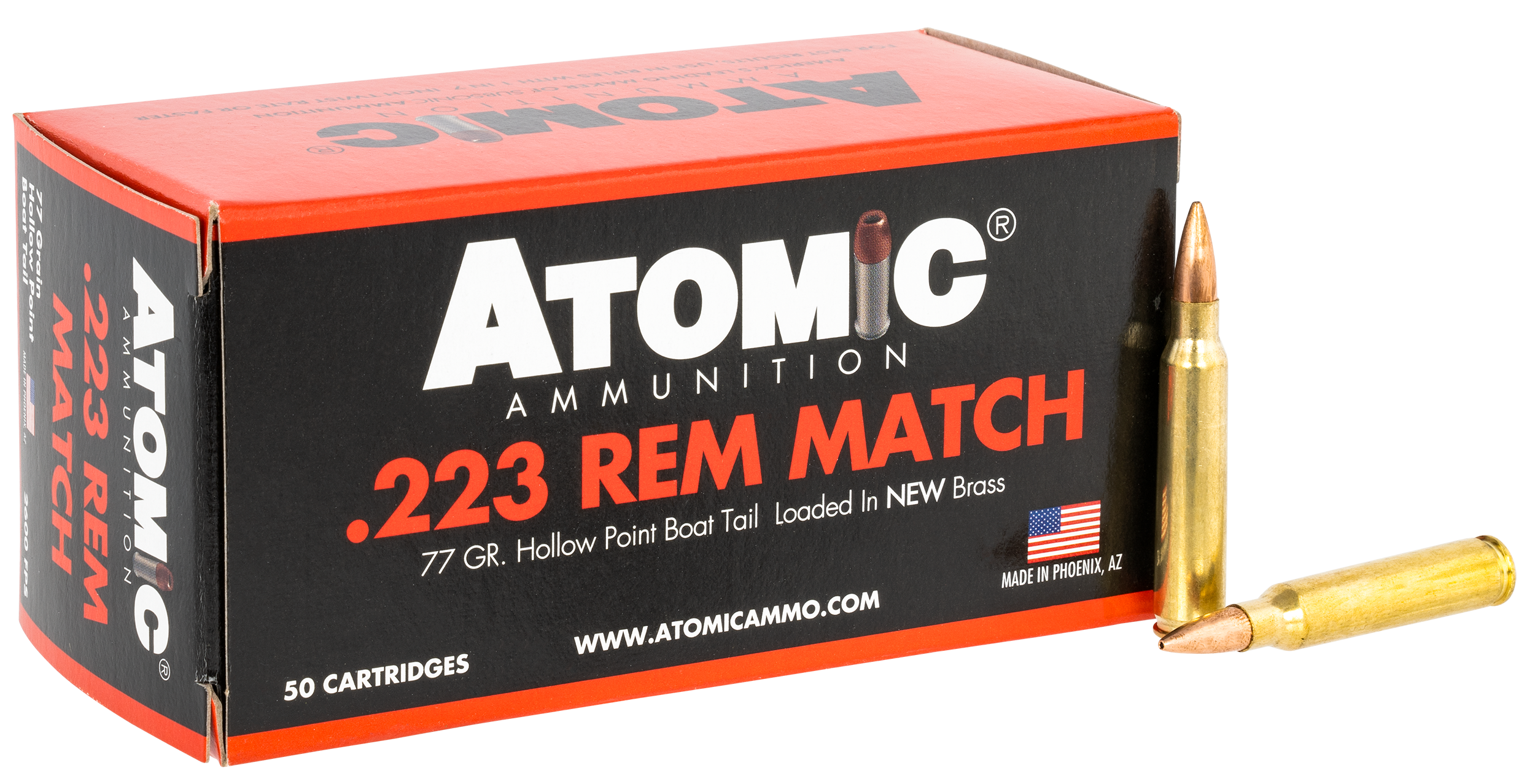 Atomic Ammunition 00427 Rifle Match 223 Rem 77 gr Hollow Point Boat-Tail (HPBT) 50rd Bx