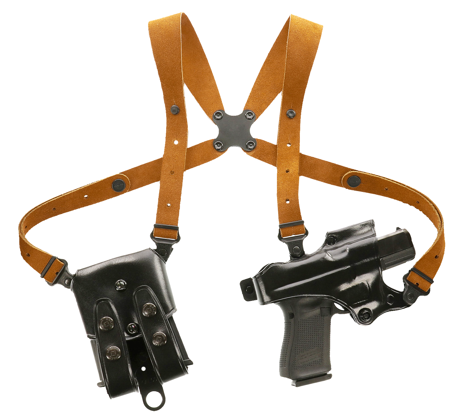 Galco JR224B Jackass Rig Shoulder System Size Fits Chest Up To 56" Black Leather Harness Fits Glock 19 Gen1-5 Fits Glock 19X Fits Glock 23 Gen2-5 Right Hand