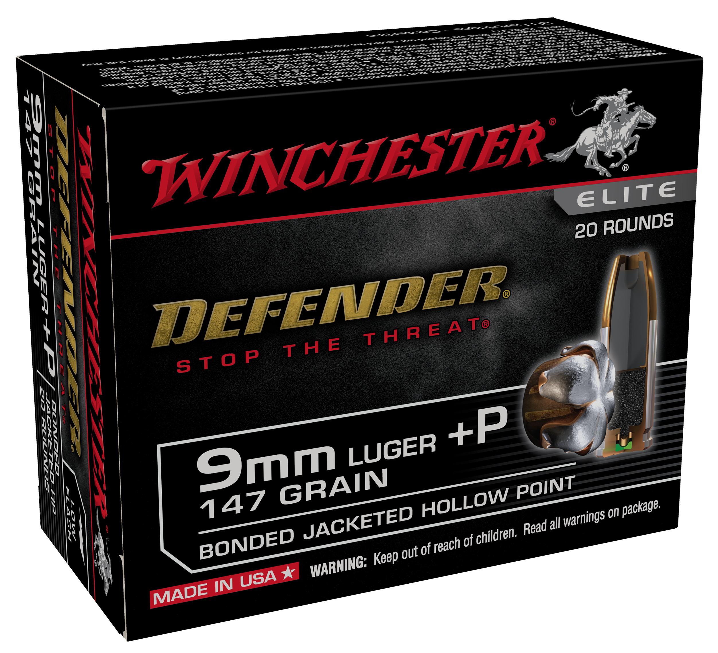 Winchester Defender Ammunition 9mm Luger +P 147 Grain Bonded Jacketed Hollow Point 20RD