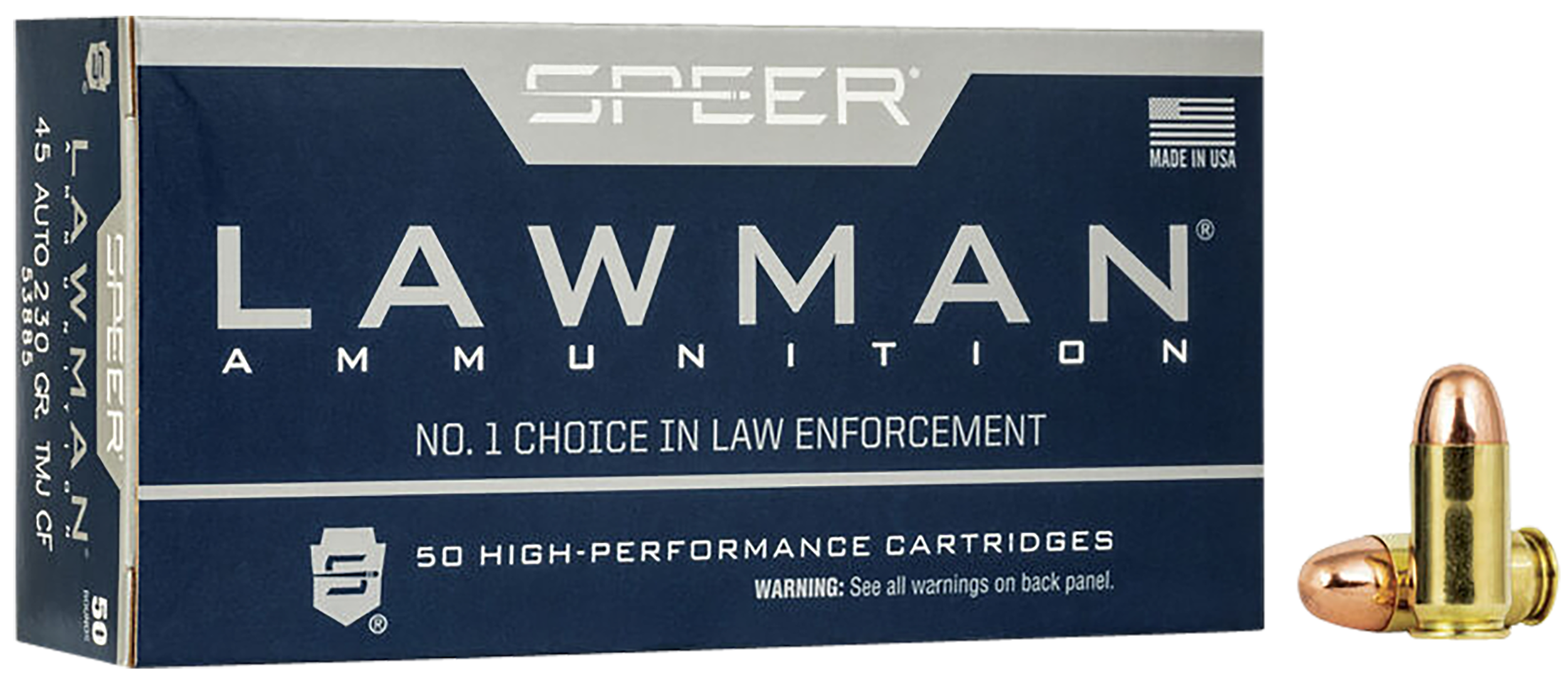 Speer 53885 Lawman Training Clean-Fire 45 ACP 230 gr 845 fps Total Metal Jacket Round Nose (TMJRN) 50 Bx/20 Cs