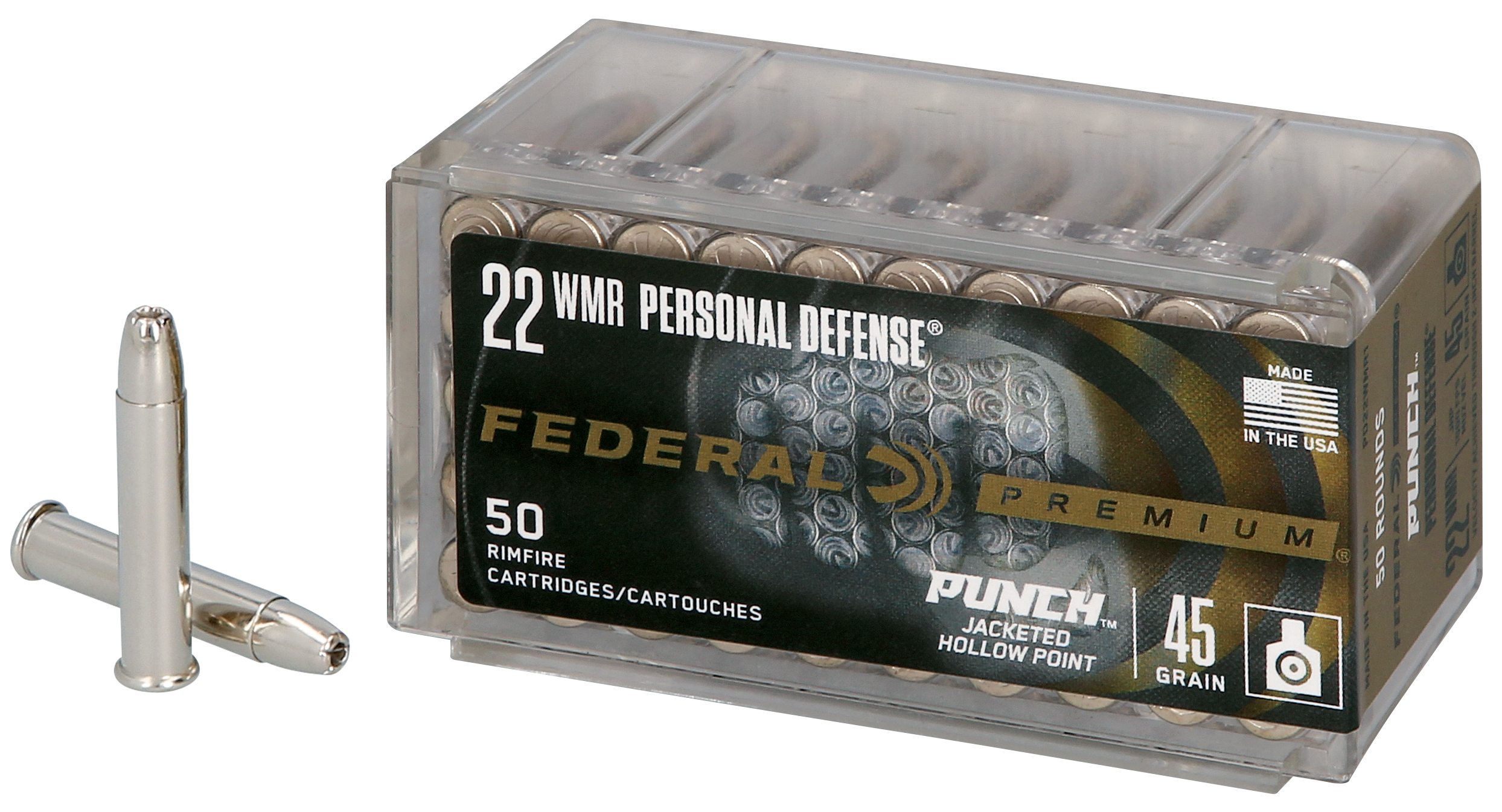 Federal Premium Punch Ammunition 22 Winchester Magnum Rimfire (WMR) 45 Grain Jacketed Hollow Point Box of 50
