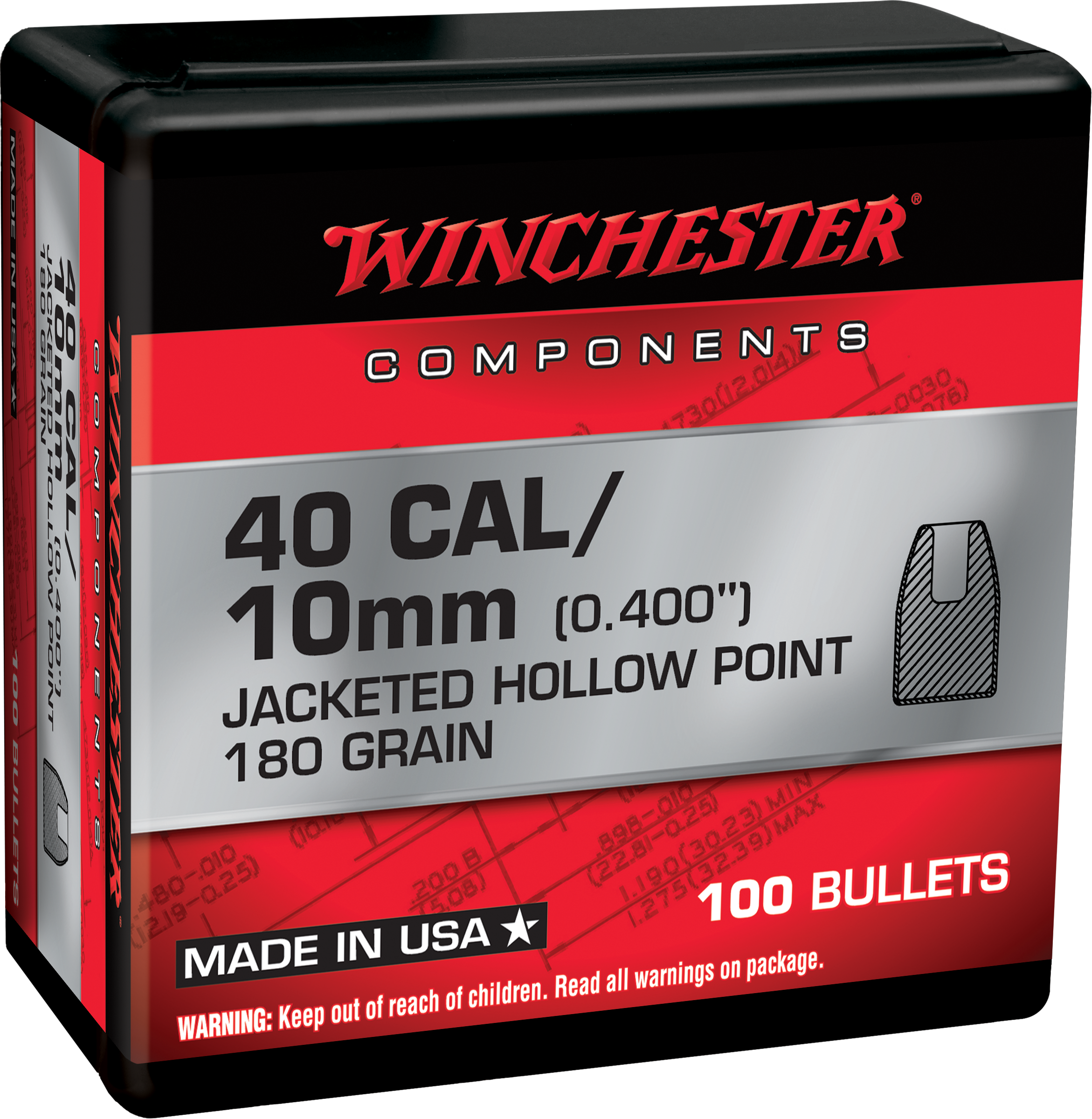 Winchester AmmoCenterfire Handgun Reloading 40 S&W .400 180 gr Jacketed Hollow Point (JHP) 100 Per Box