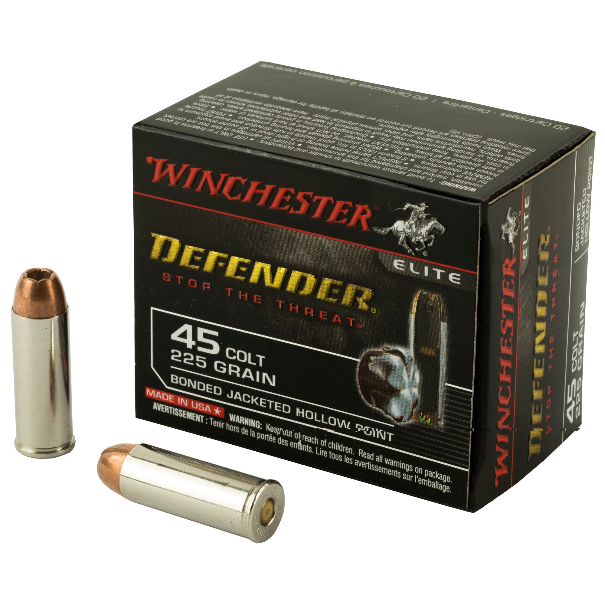 Winchester Ammo S45CPDB Defender Elite 45 Colt 225 gr Bonded Jacket Hollow Point 20 Per Box/ 10 Cs