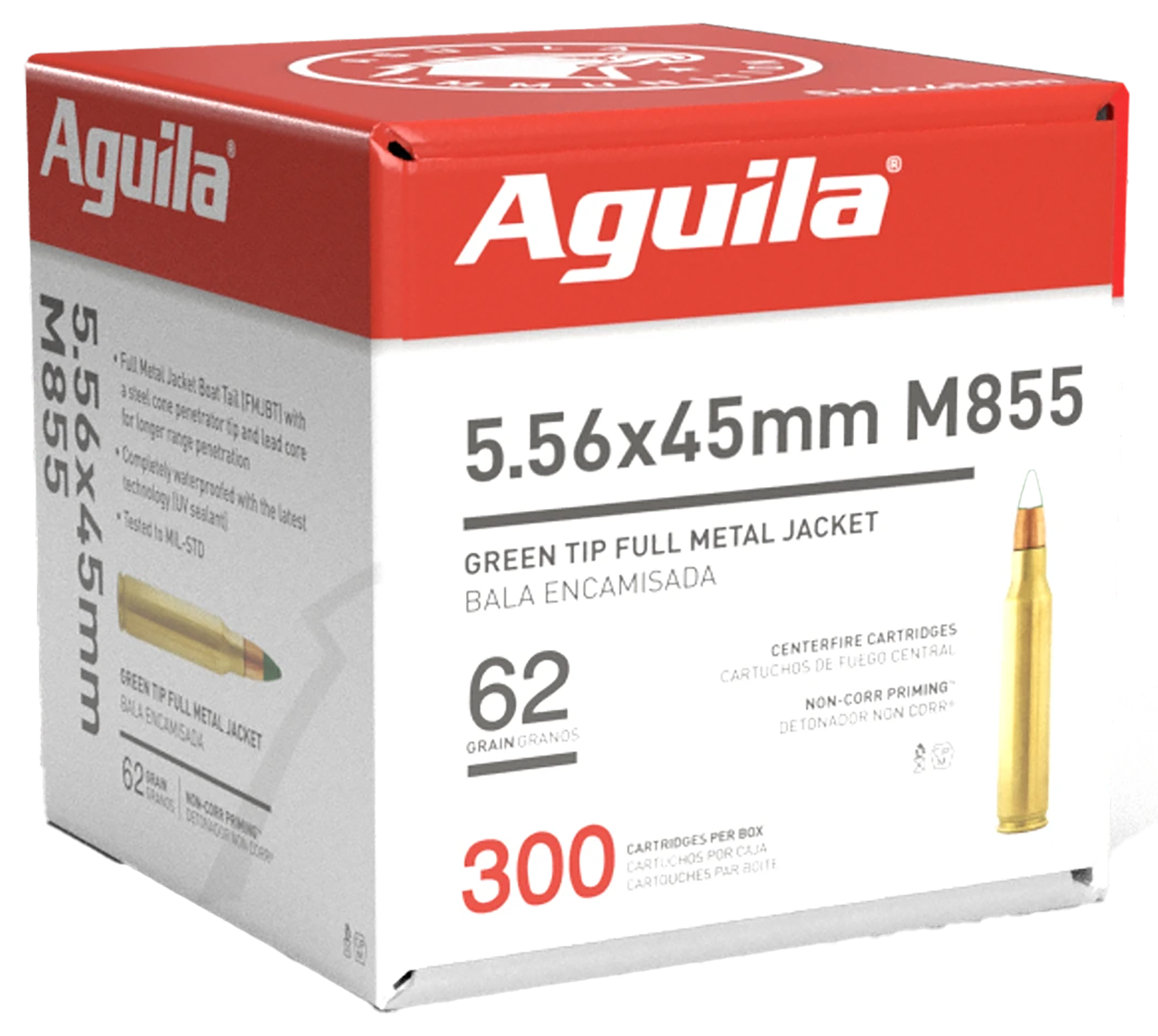 Aguila 1E556125 Green Tip M855 5.56x45mm NATO 62 gr Full Metal Jacket Boat-Tail (FMJBT) 300 Per Box/ 4 Cs