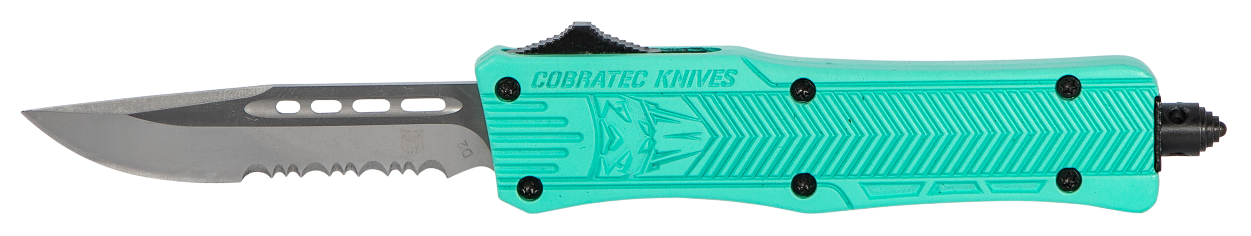 CobraTec Knives STFCTK1SDS CTK-1Small 2.75" OTF Drop Point Part Serrated D2 Steel Blade/ Tiffany Blue Aluminum Handle Features Glass Breaker Includes Pocket Clip