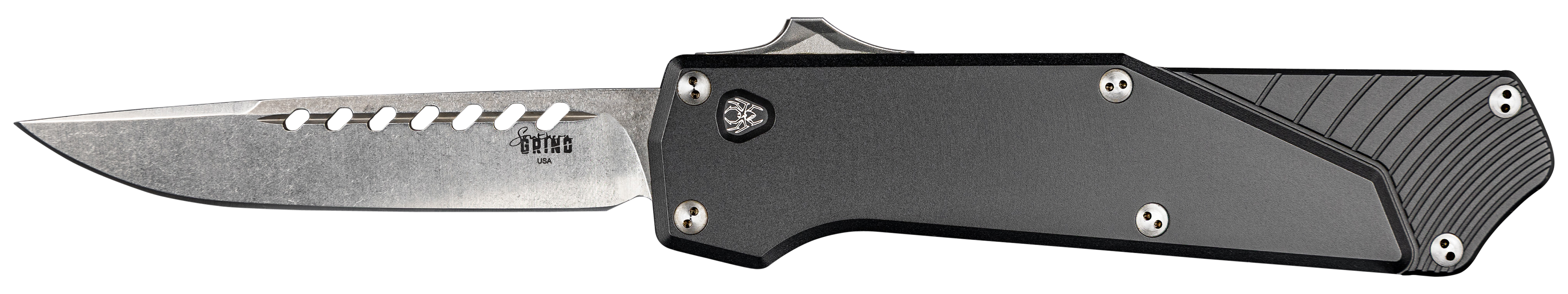 Southern Grind SG12030020 Arachnid3.20" OTF Drop Point Plain Satin PVD Coated S35VN SS Blade Black Aluminum Handle Features Blood Groove on Blade Includes Pocket Clip