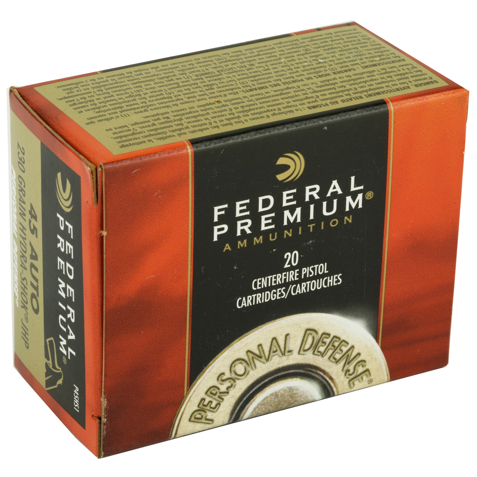 Federal Premium Personal Defense Ammunition 45 ACP 230 Grain Hydra-Shok Jacketed Hollow Point 20RD