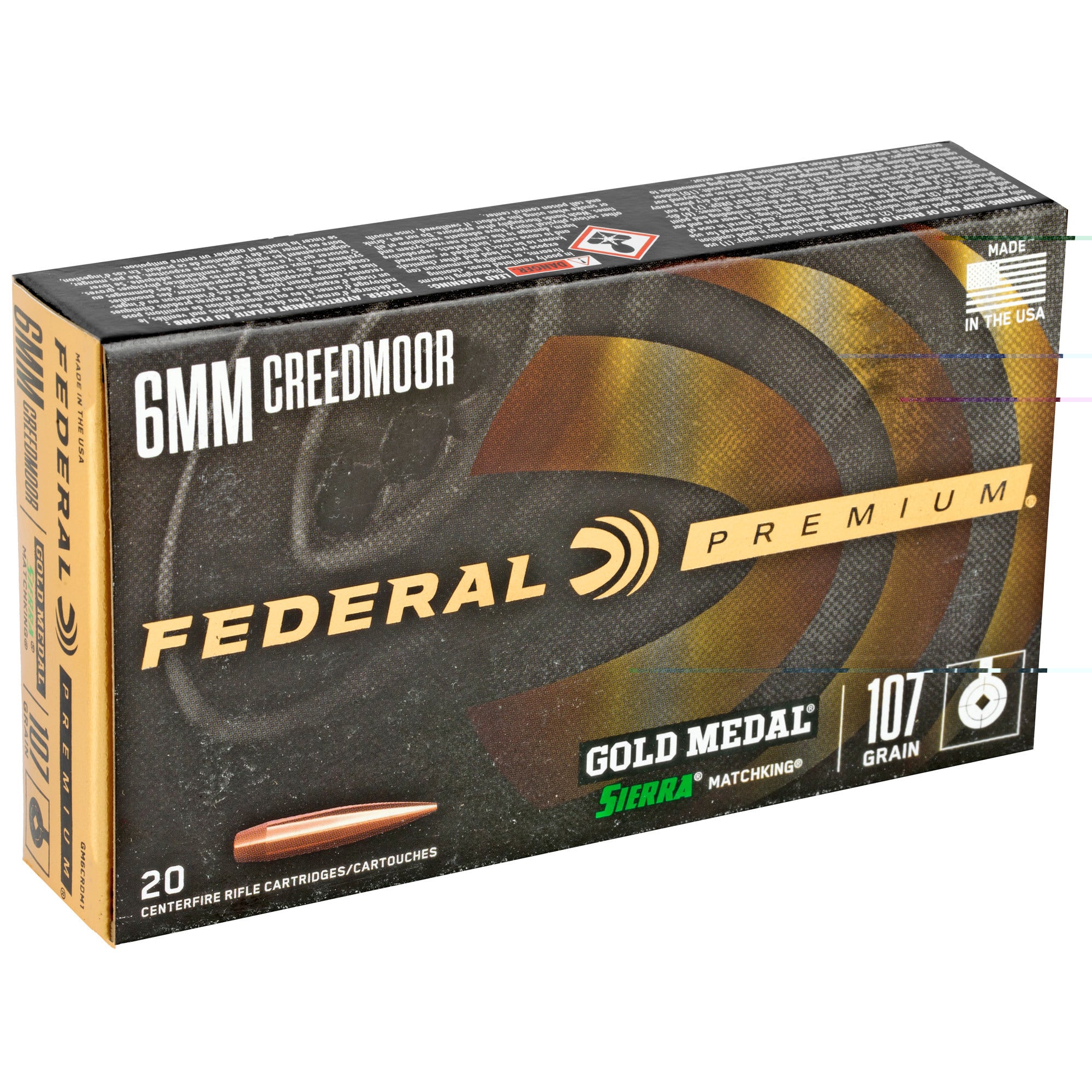 Federal GM6CRDM1 Premium Gold Medal 6mm Creedmoor 107 gr Sierra MatchKing BTHP 20 Per Box/ 10 Cs
