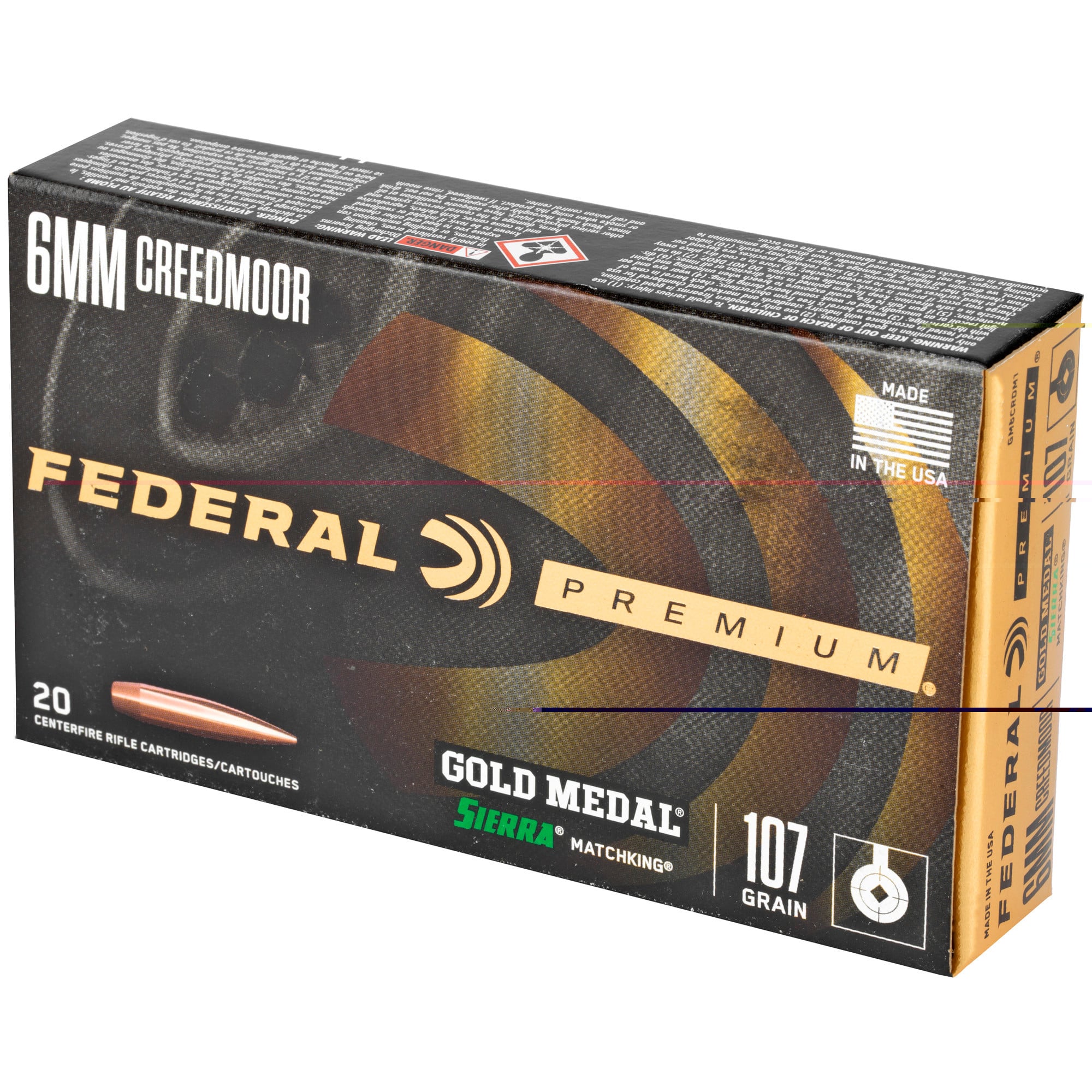 Federal GM6CRDM1 Premium Gold Medal 6mm Creedmoor 107 gr Sierra MatchKing BTHP 20 Per Box/ 10 Cs