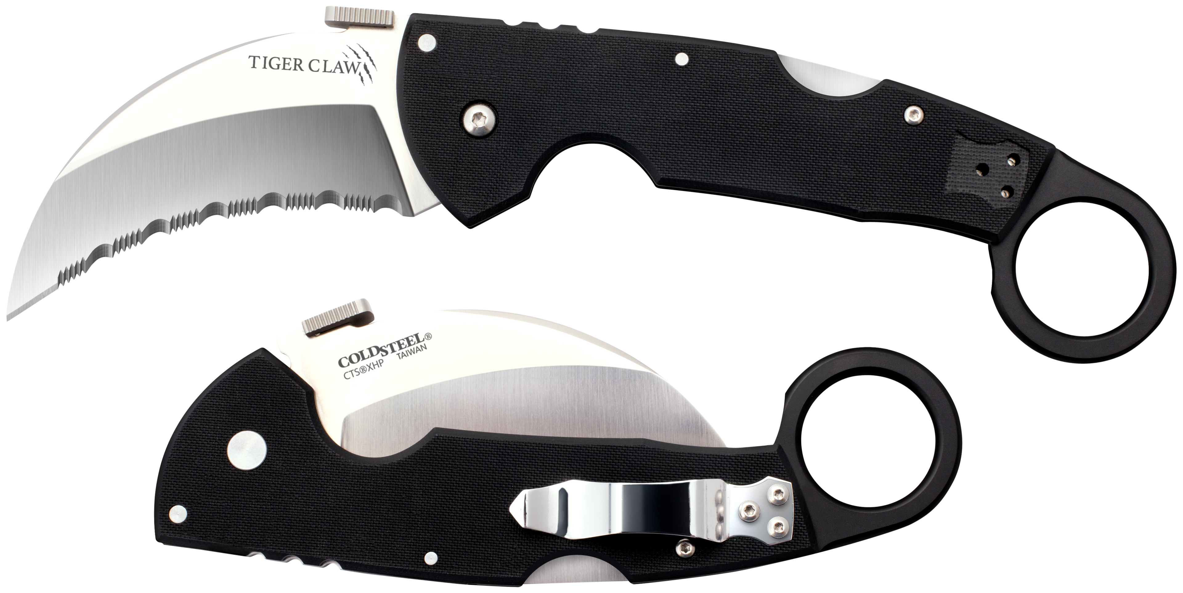Cold Steel CS22KFS Tiger Claw3.50" Folding Hawkbill Serrated Stonewashed American S35VN Blade/6" Matte Black w/Ring G10 Handle Includes Belt Clip