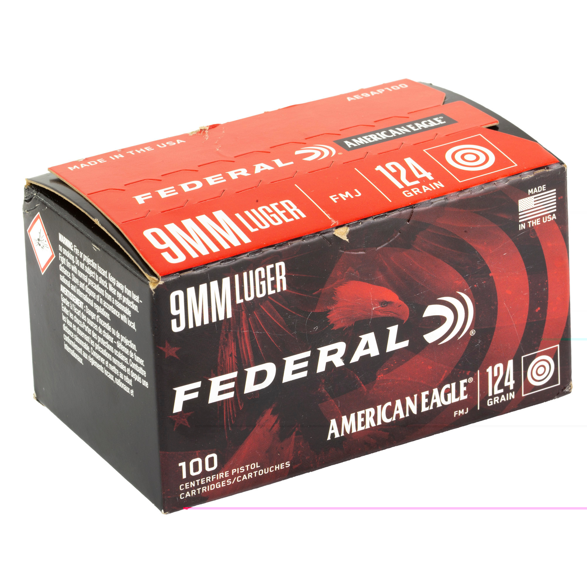 Federal AE9AP100 American Eagle9mm Luger 124 gr FMJ100 Per Box/5 Cs