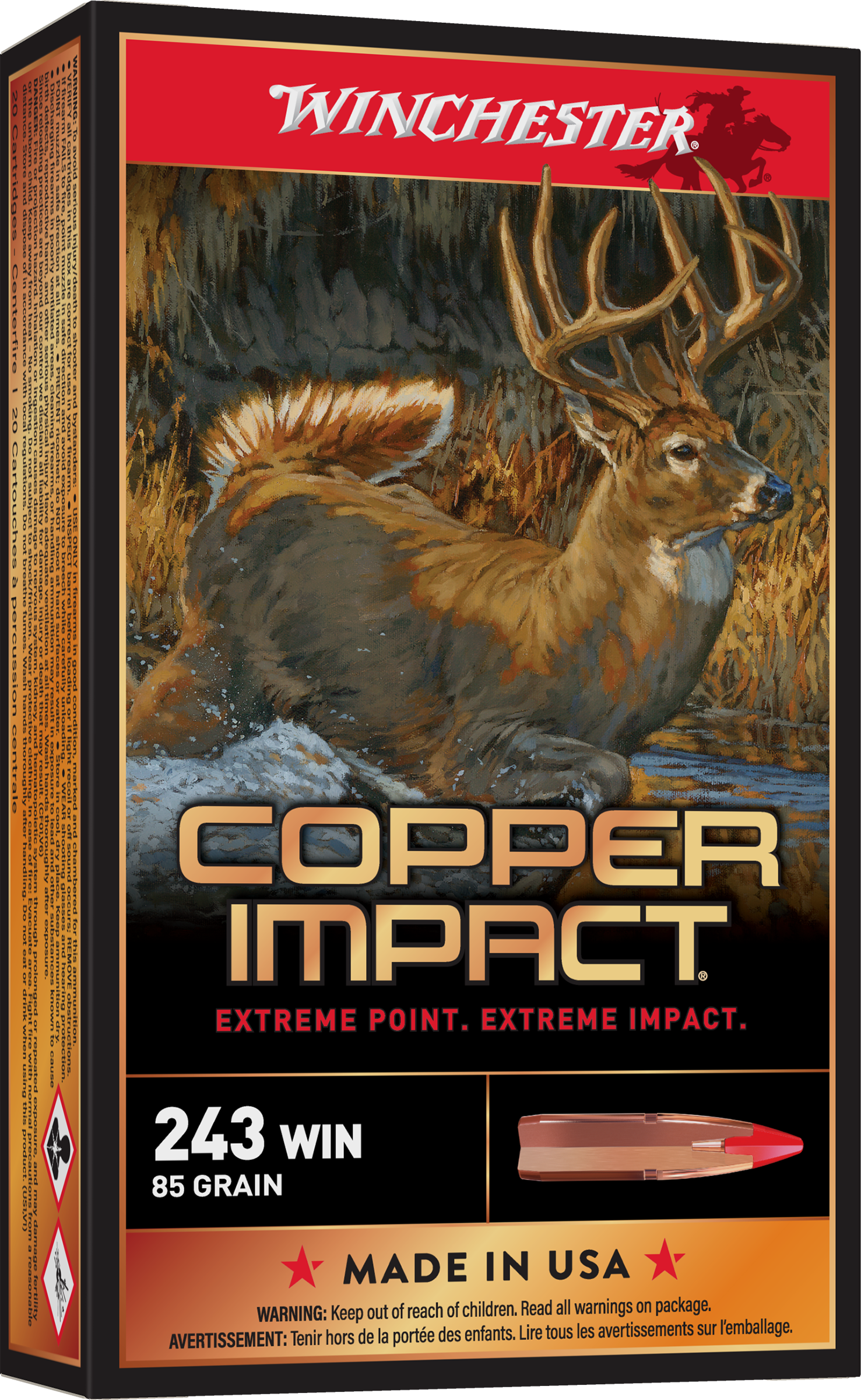 Winchester Copper Impact Ammunition 243 Winchester 85 Grain Copper Extreme Point Polymer Tip Lead-Free 20RD
