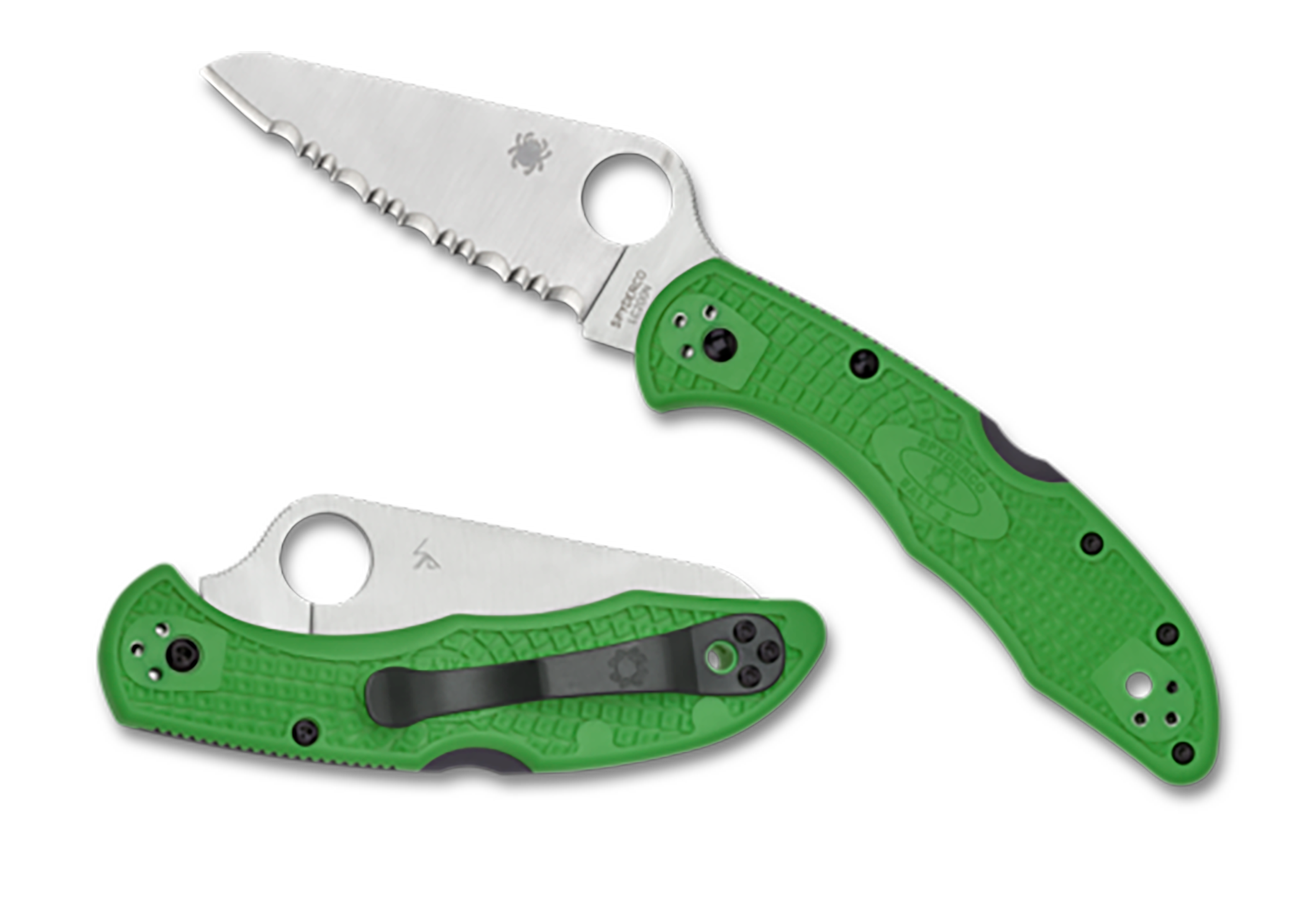 SpydercoSalt 23" Folding Clip Point Serrated H1 Steel Blade Green Bi-Directional Texturing FRN Handle Includes Pocket Clip