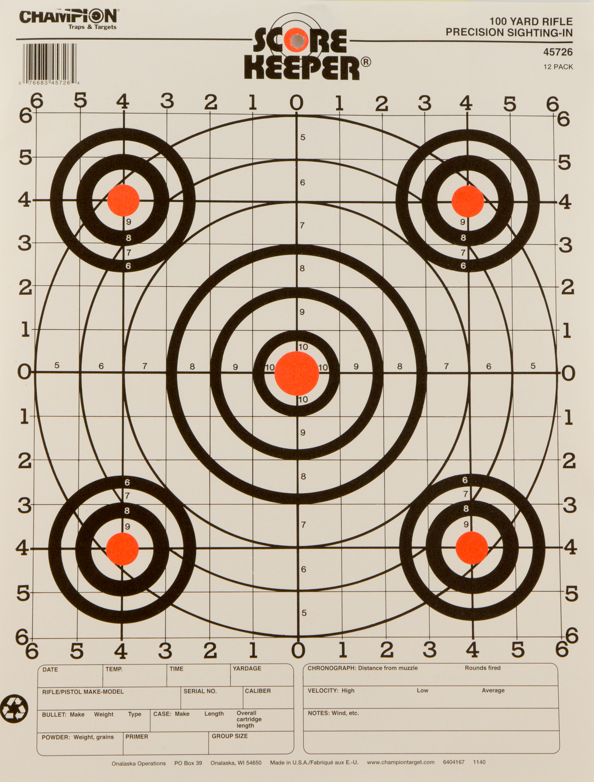 Champion Targets 45726 Score KeeperBullseye Paper Hanging 100 yds Pistol/Rifle 14" x 18" Multi-Color 12 PK