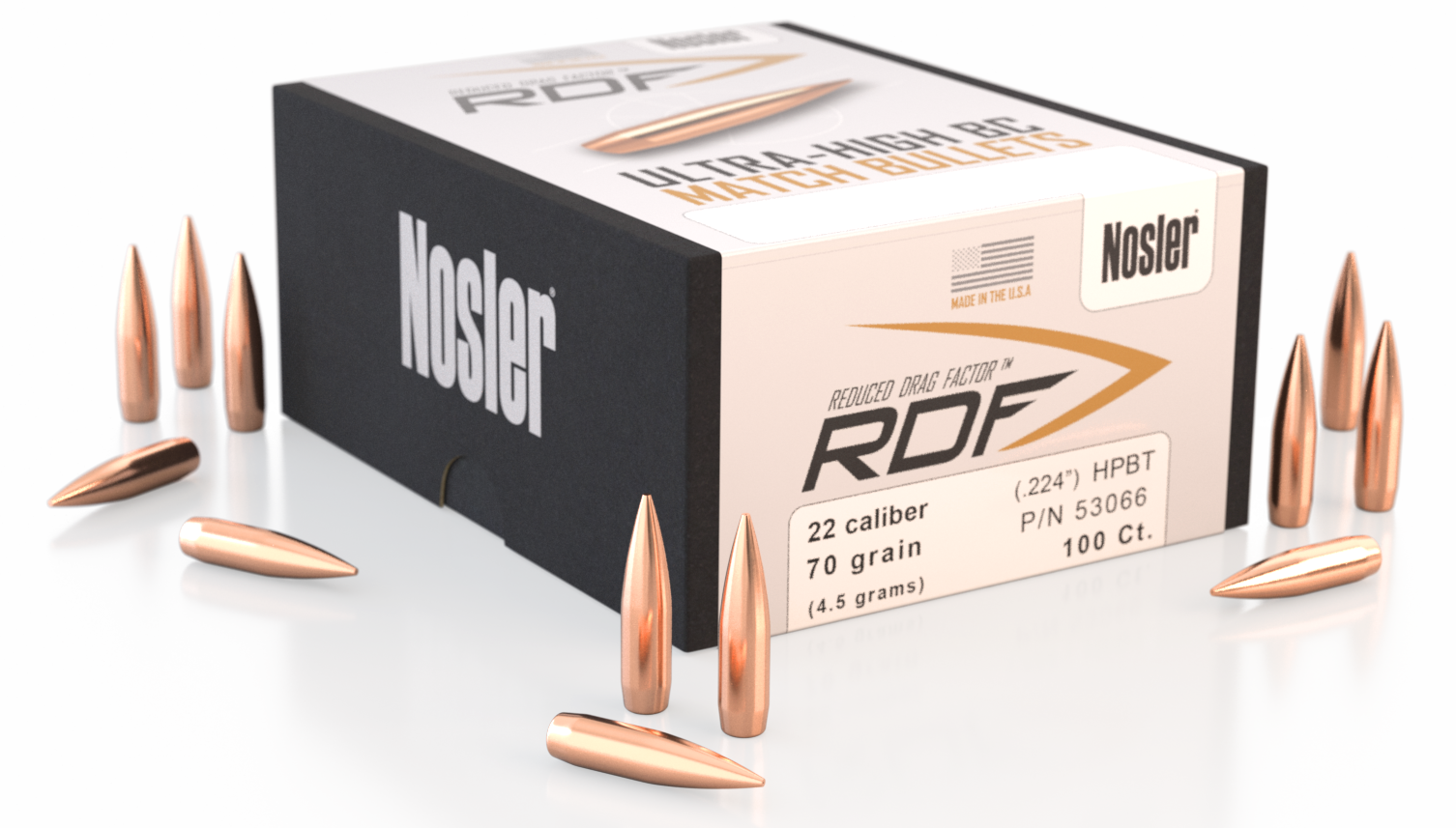 Nosler 53066 RDF Competition 22 Cal .224 70 gr Hollow Point Boat-Tail (HPBT) 100 Per Box