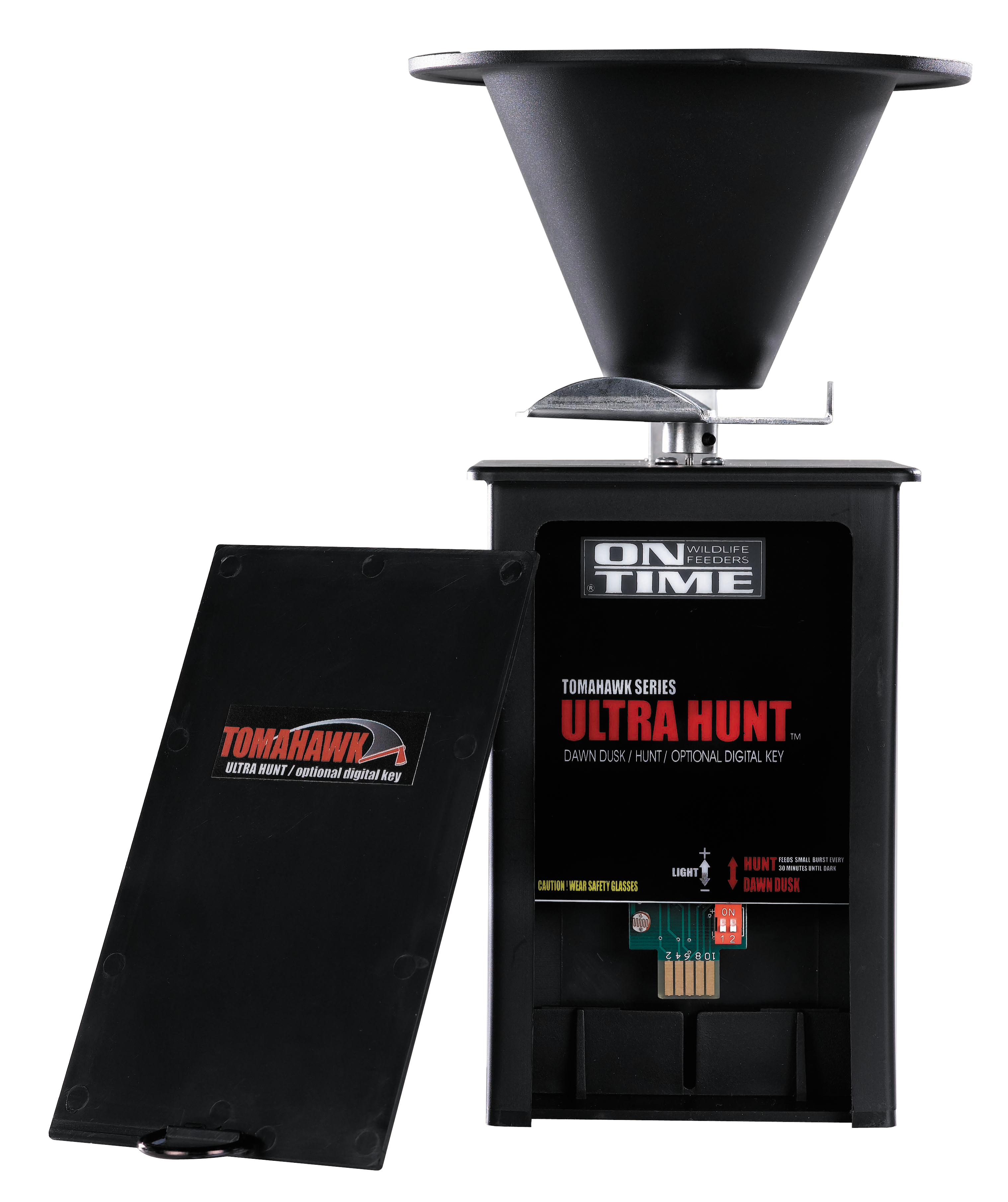 On Time 43005 Tomahawk Ultra Hunt Feeder made of Waterproof High-Impact Composite with Black Finish, Heavy Duty Motor, Dawn-Dusk Mode Operation, 4 Feed Times with 1-20 Second Duration & Universal Mount