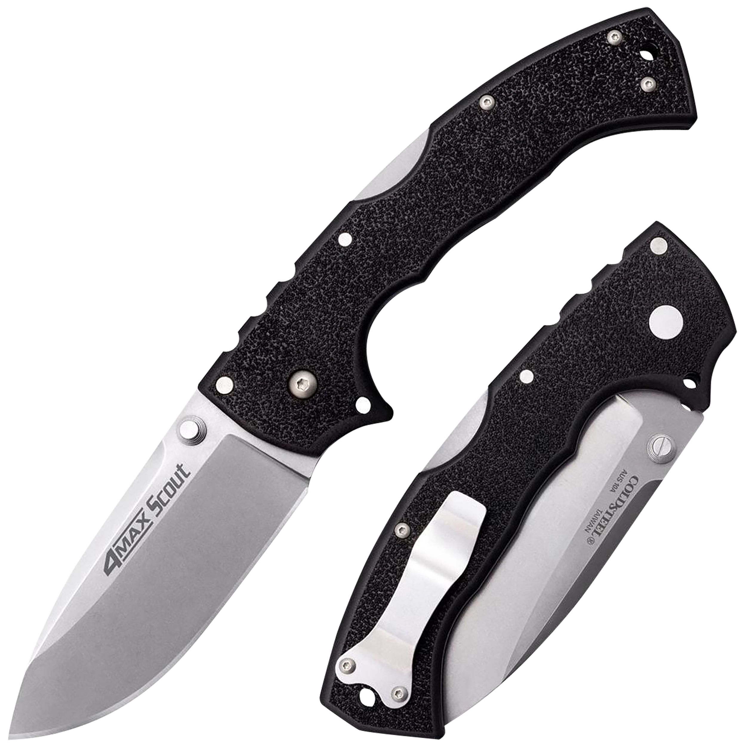 Cold Steel CS62RQZ 4-Max Scout 4" Folding Drop Point Plain Stonewashed/6" Black Griv-Ex Handle Includes Belt Clip