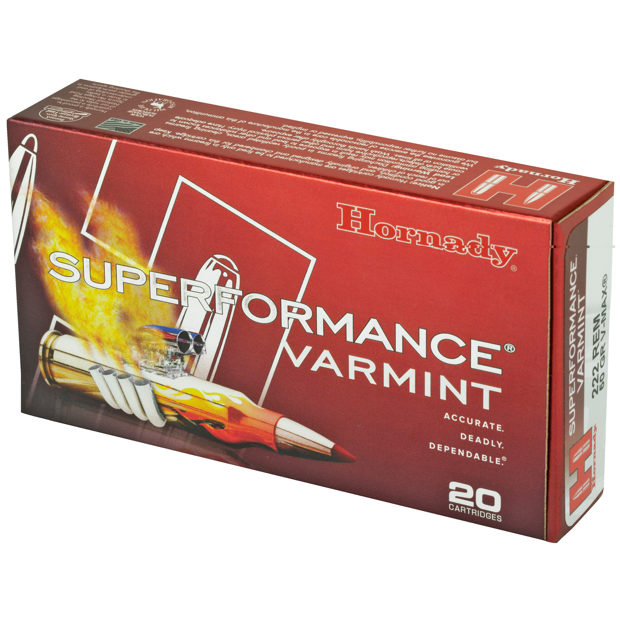 Hornady Superformance Varmint Ammunition 222 Remington 50 Grain V-MAX Polymer Tip 20RD