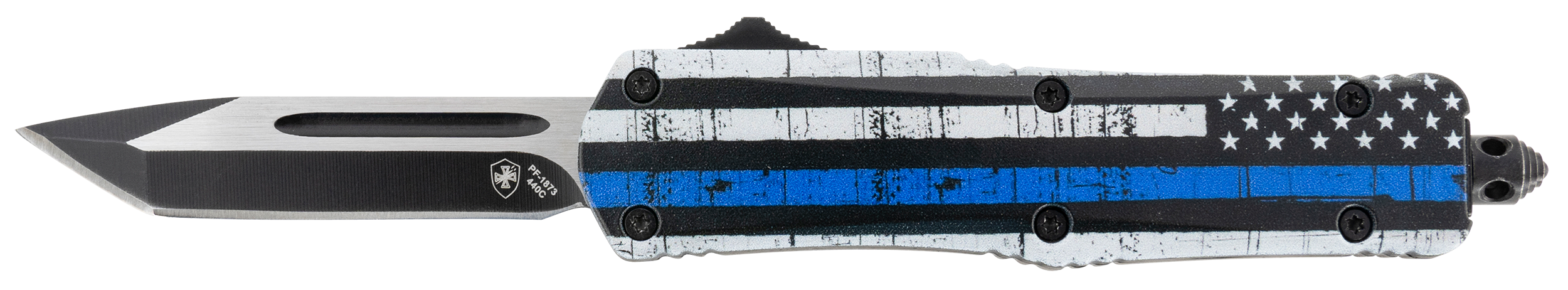 Templar Knife SBTB231 Back The Blue Gen II Small 2.69" OTF Tanto Plain Black Oxide Stonewashed 440C SS Blade/4.31" Black & White w/Blue Line Aluminum Handle Features Glass Breaker Includes Pocket Clip/Sheath