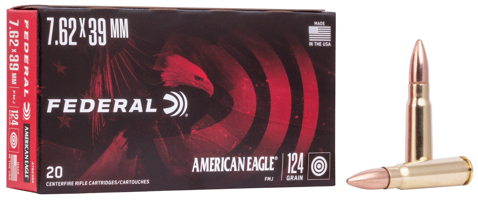 Federal A76239A American Eagle7.62x39mm 124 gr 2350 fps FMJ20 Bx/25 Cs