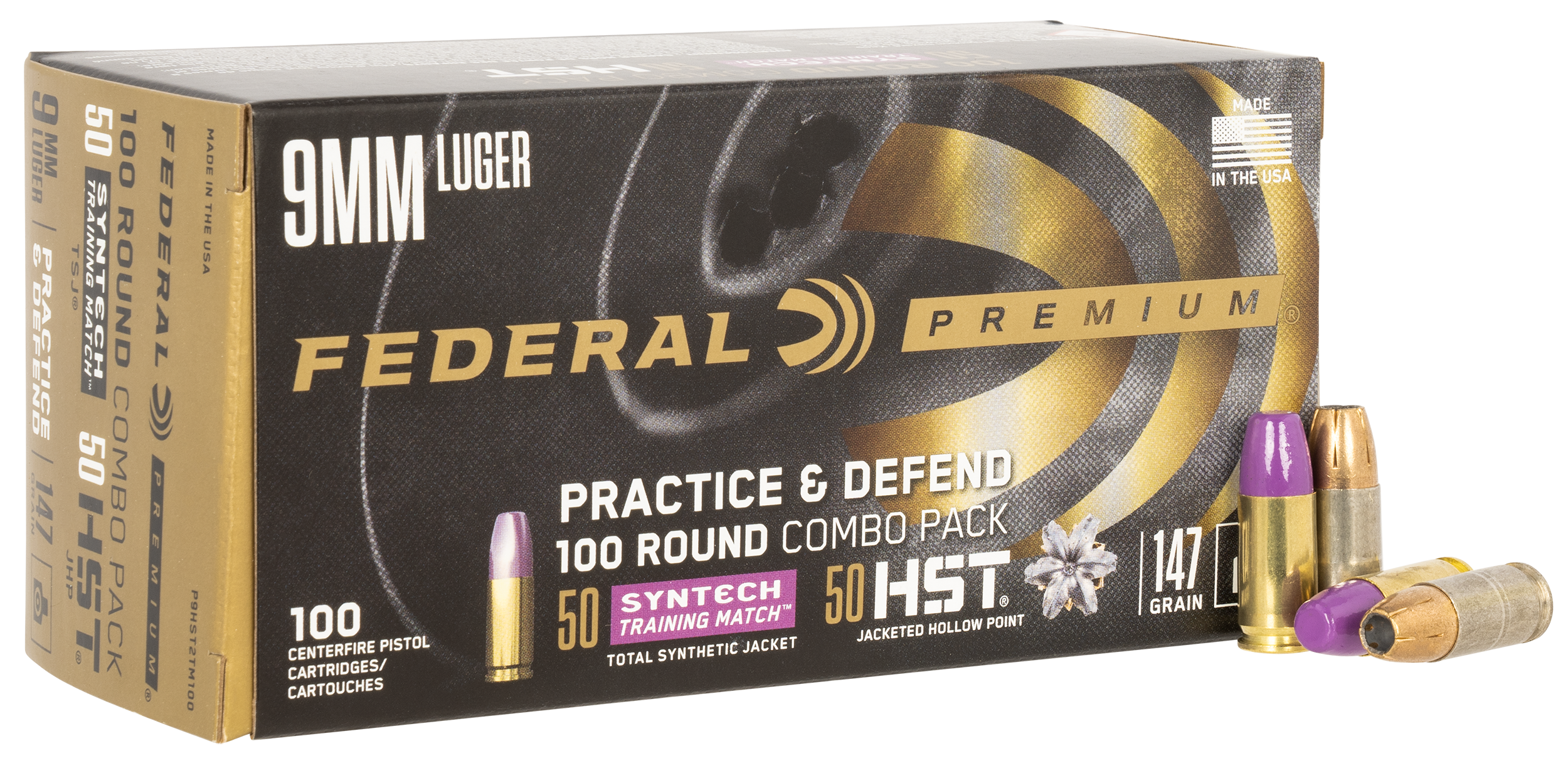 Federal Practice & Defend HST/Syntech Combo Ammunition 9mm Luger 147 Grain Jacketed Hollow Point & Total Synthetic Jacket Box of 100