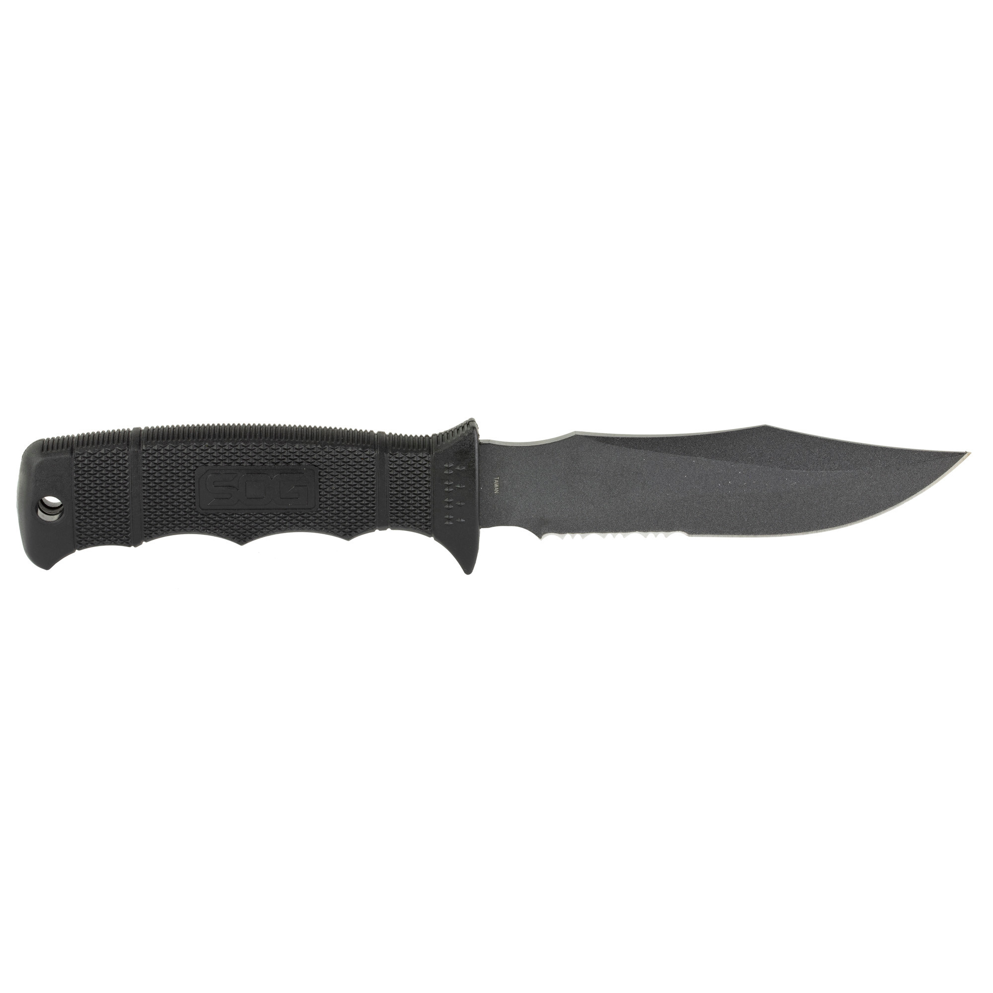 S.O.G SOGM37K Seal Pup4.75" Fixed Clip Point Part Serrated Powder Coated AUS-8A SS Blade Black w/Raised Diamond Pattern GRN Handle Includes Sheath