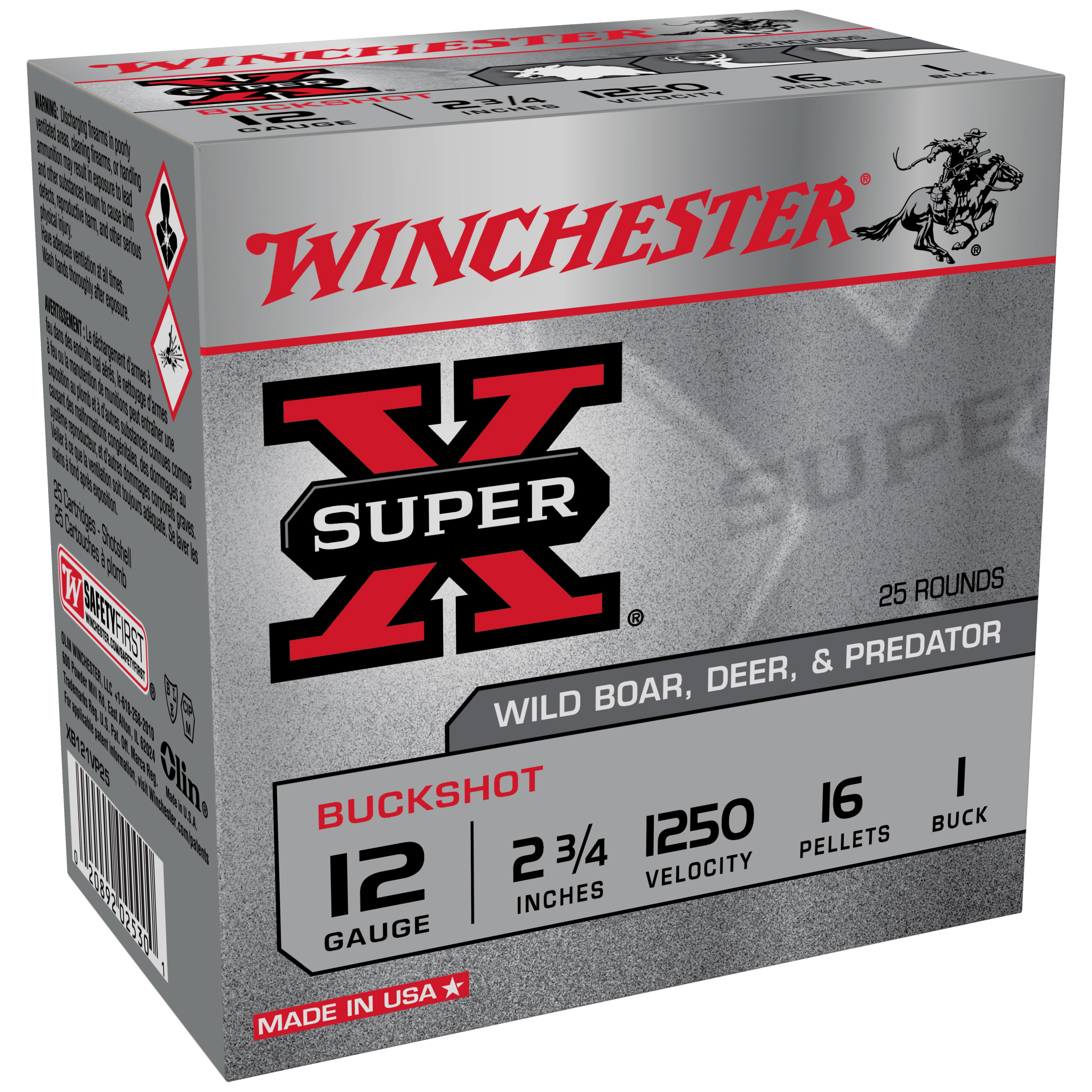 Winchester Ammo XB121VP25 Super X12 Gauge 2.75" 16 Pellets 1250 fps 1 Buck Shot 25ea  (Value Pack)