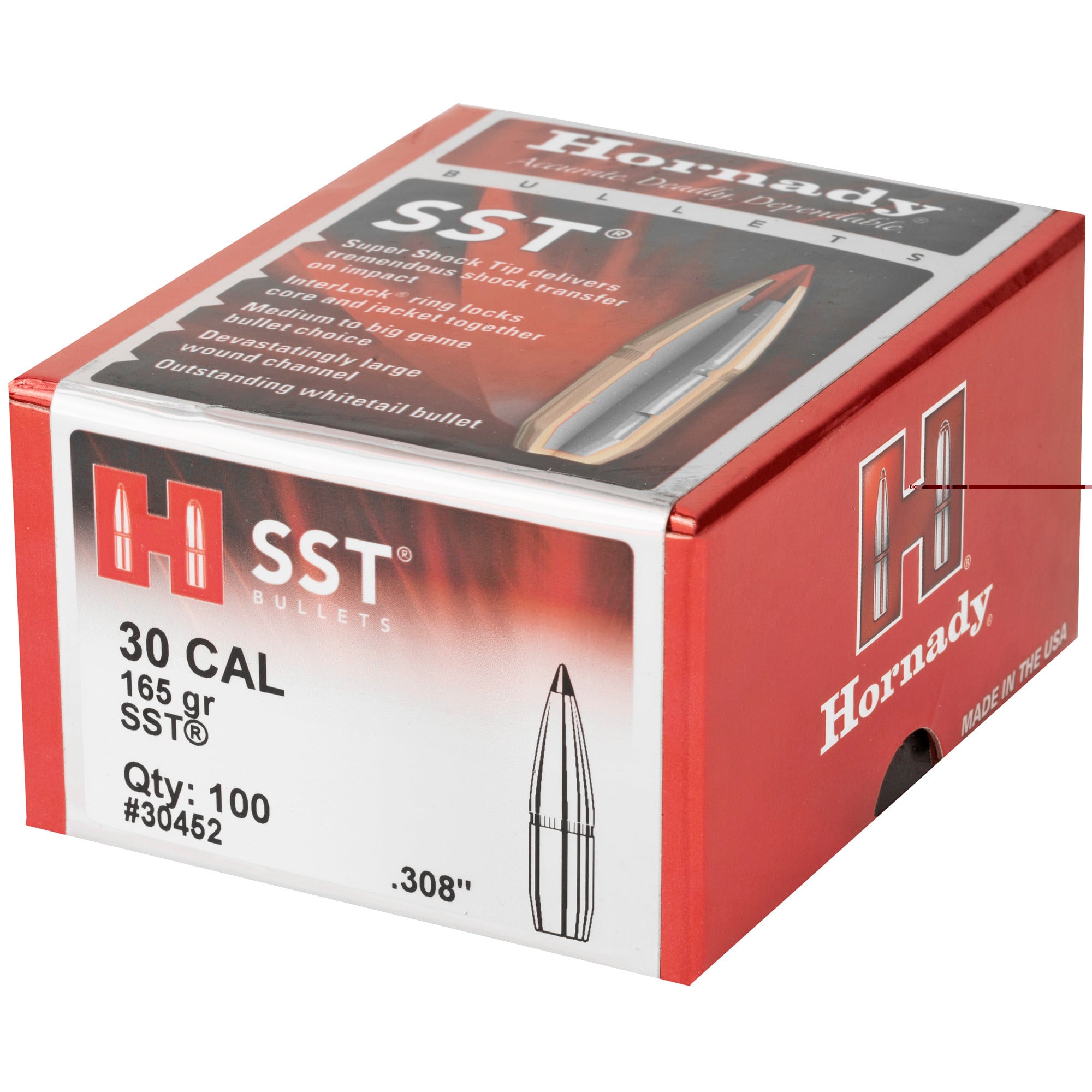 Hornady SST Bullets 30 Caliber (308 Diameter) 165 Grain InterLock Polymer Tip Spitzer Boat Tail Box of 100