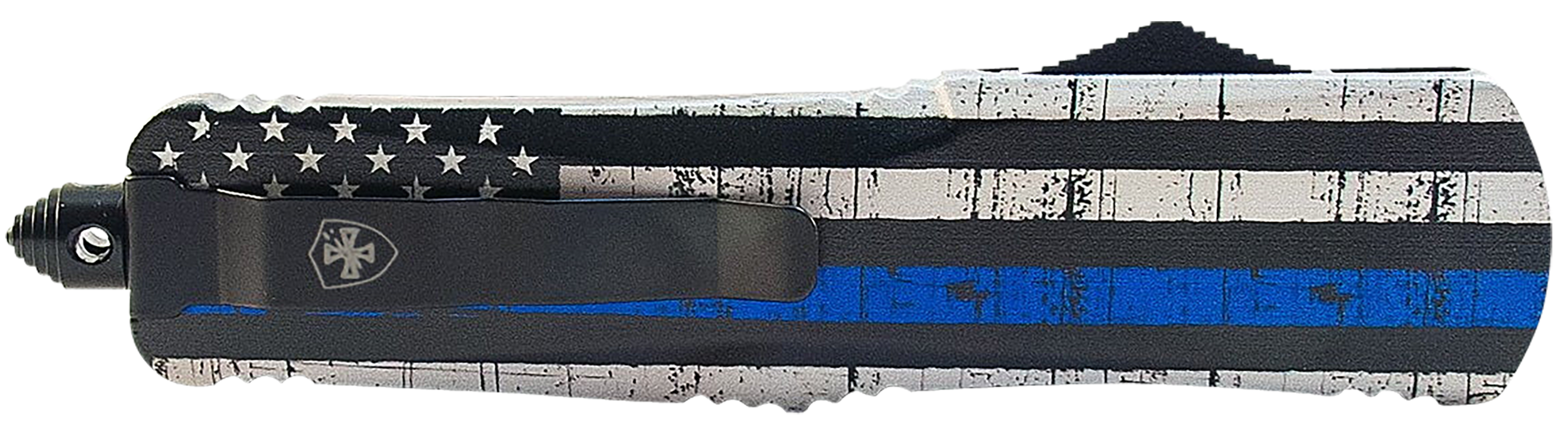 Templar Knife MBTB131 Back The Blue Gen II Slim 3.43" OTF Dagger Plain Black Oxide Stonewashed 440C SS Blade/5.05" Black & White w/Blue Line Aluminum Handle Features Glass Breaker Includes Pocket Clip/Sheath