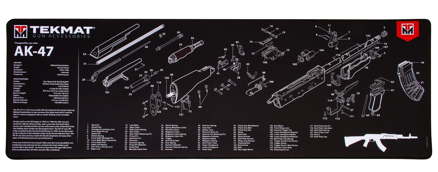 TekMat TEKR44AK47 AK-47 Ultra Cleaning Mat Black/White Rubber 44" Long 15" x 44" AK-47 Parts Diagram Illustration
