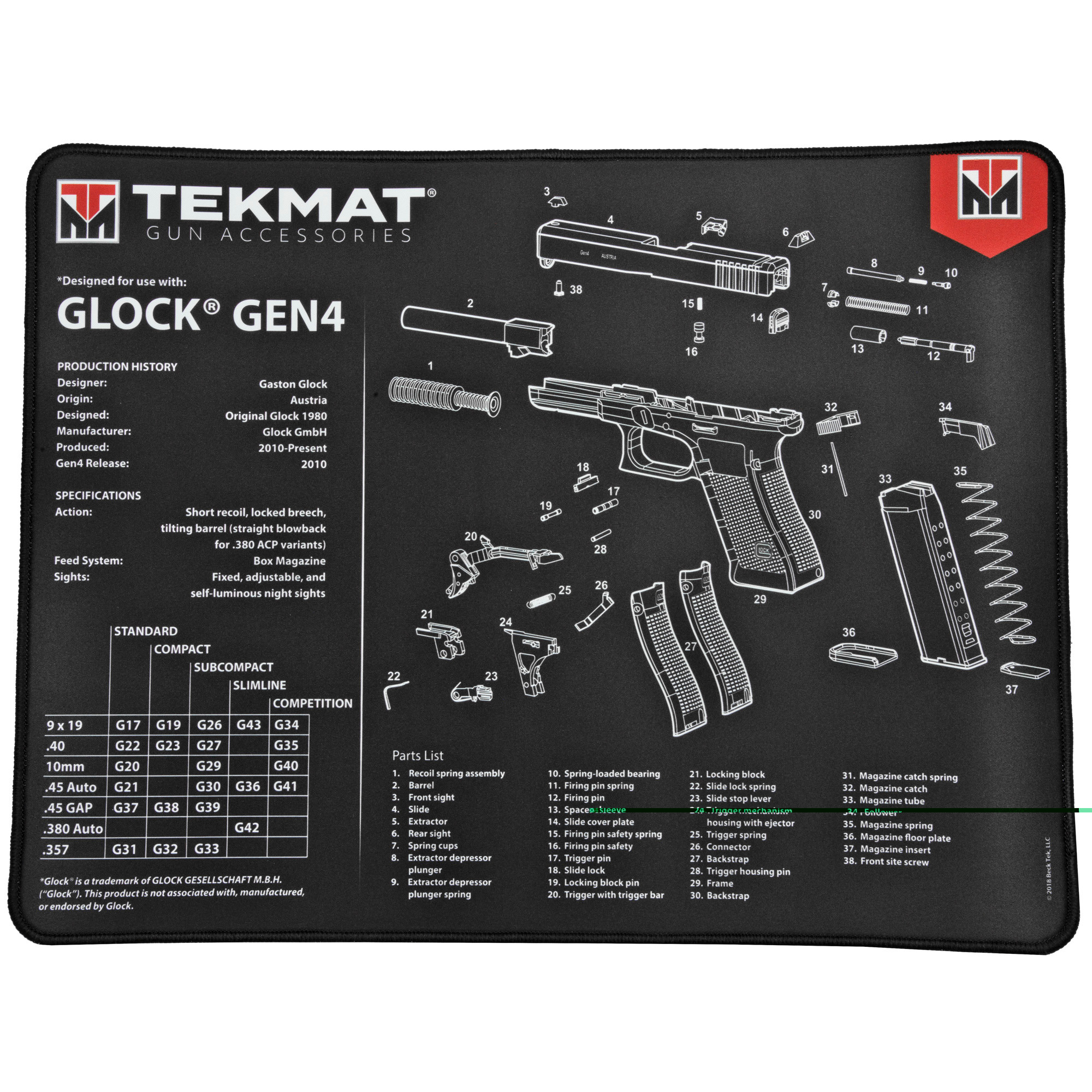 TekMat TEKR20GLOCKG4 Glock Gen4 Ultra Cleaning Mat Black/White Rubber 20" Long Glock Gen4 Parts Diagram