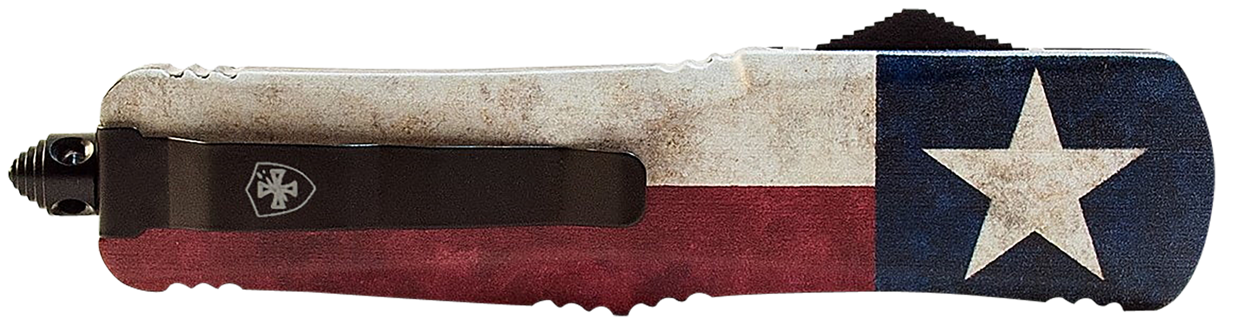 Templar Knife SCAP331 Captain Gen II Small 2.69" OTF Drop Point Plain Black Oxide Stonewashed 440C SS Blade/ 4.31" Red/White/Blue w/ Star Aluminum Handle Features Glass Breaker Includes Pocket Clip/Sheath