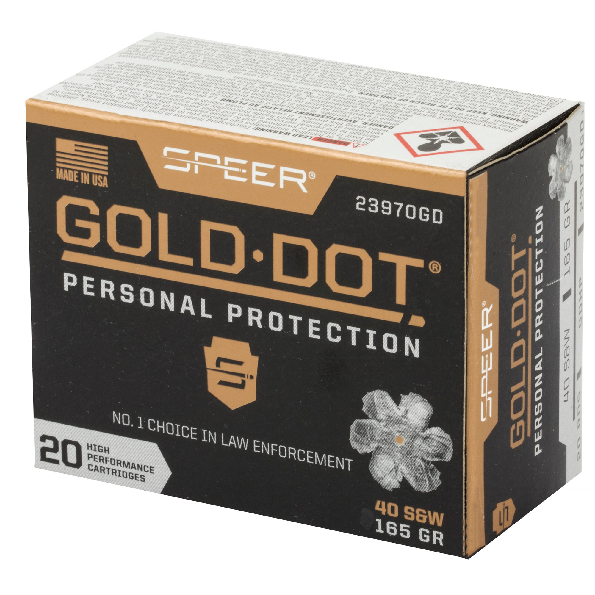 Speer 23970GD Gold Dot Personal Protection 40 S&W 165 gr 1150 fps Hollow Point (HP) 20 Bx/10 Cs