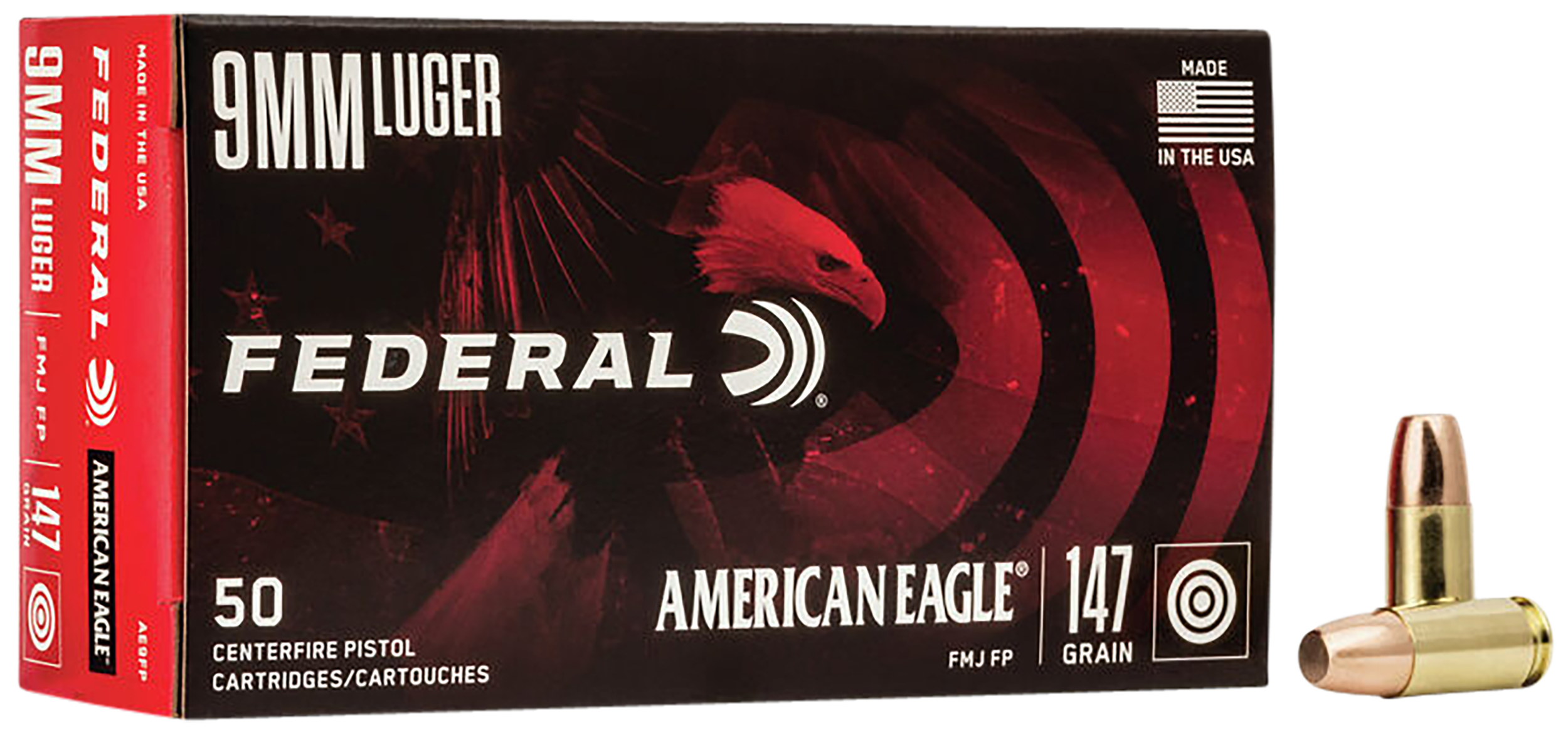 Federal AE9FP American Eagle Handgun 9mm Luger 147 gr Full Metal Jacket Flat Point (FMJFP) 50rd Bx