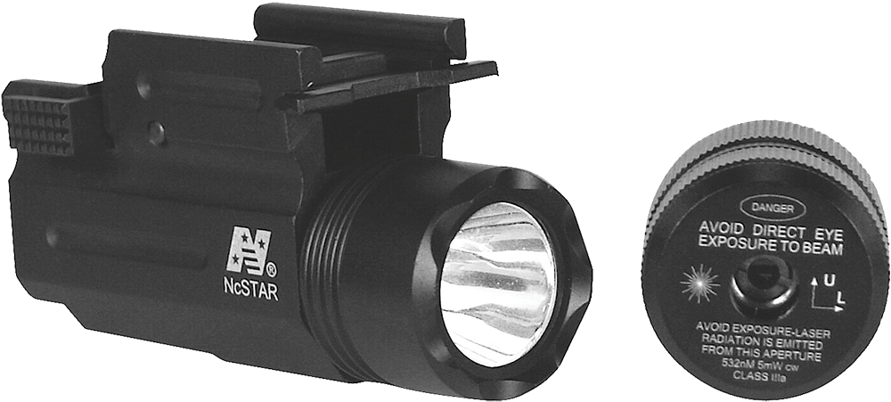 NcStar AQPTFLG Green Laser/FlashlightFor Universal w/Accessory Rail 150 Lumens/5mW Output, White Cree LED Light/Green Laser QR Weaver/Picatinny Mount Black Anodized Aluminum