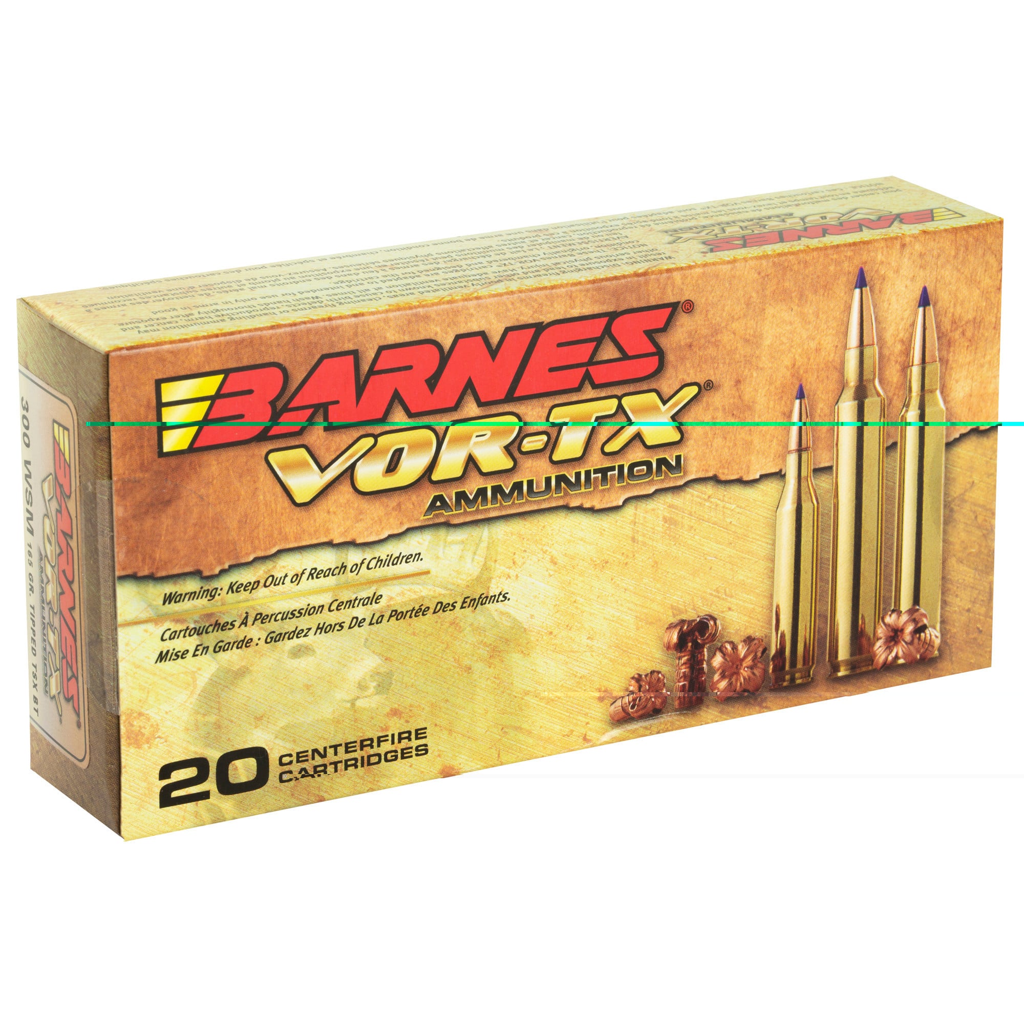 Barnes VOR-TX Ammunition 300 Winchester Short Magnum (WSM) 165 Grain TTSX Polymer Tipped Spitzer Boat Tail Lead-Free 20RD