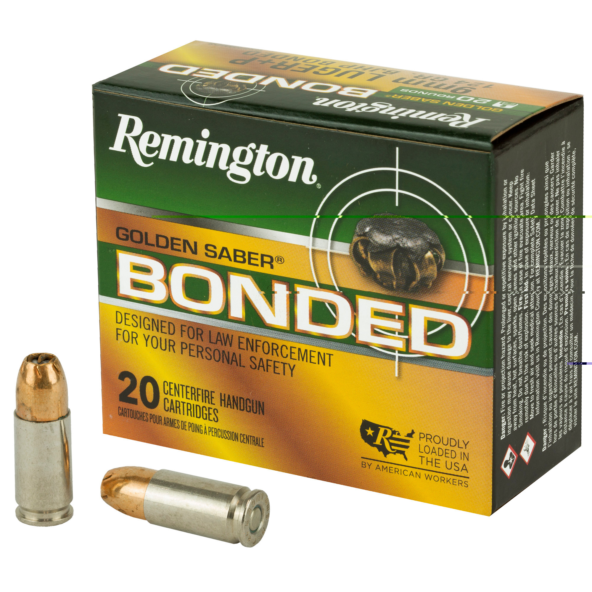 Remington Ammunition 29341 Golden Saber Bonded Defense 9mm Luger +P 124 gr Bonded Brass Jacketed Hollow Point (BBJHP) 20rd Bx