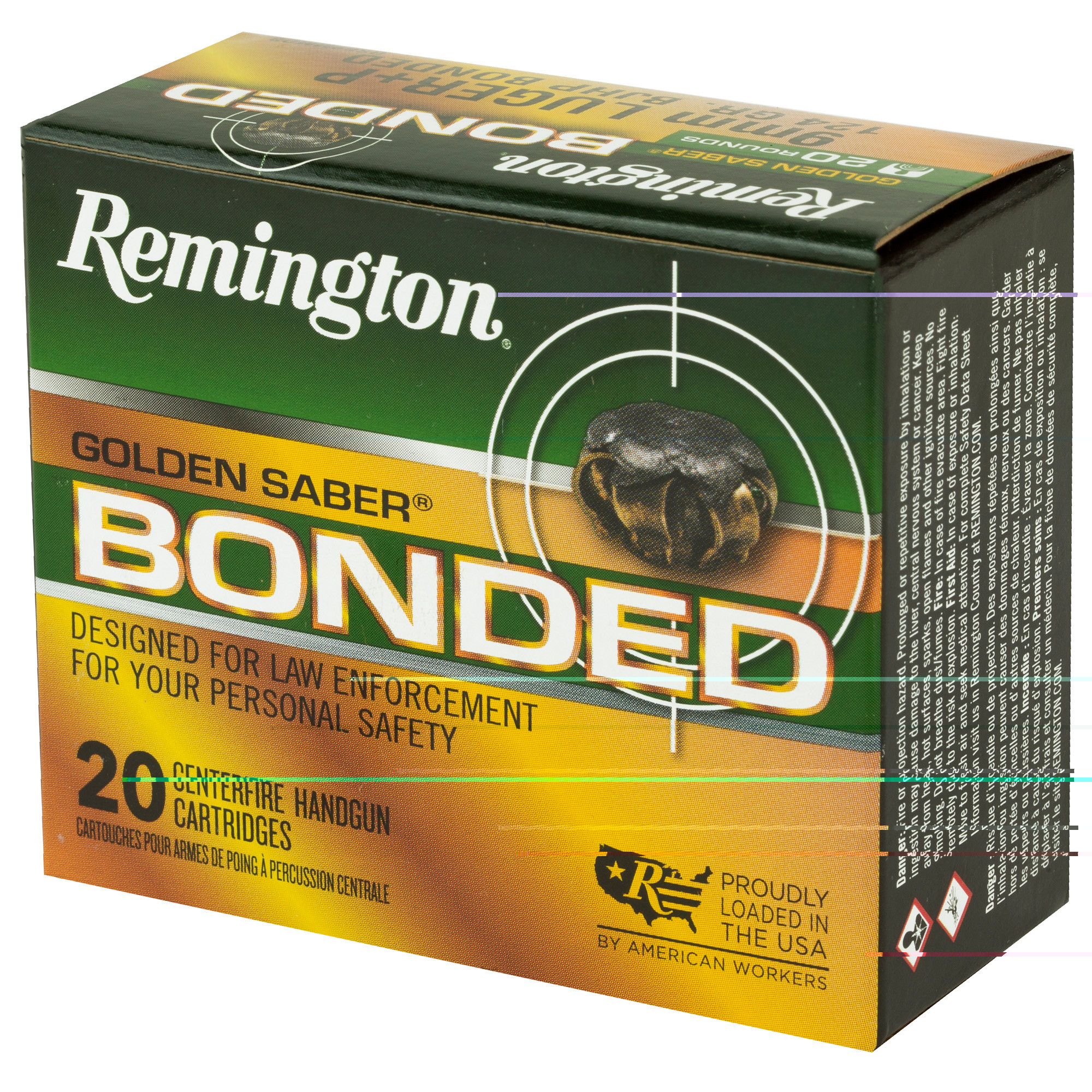 Remington Ammunition 29341 Golden Saber Bonded Defense 9mm Luger +P 124 gr Bonded Brass Jacketed Hollow Point (BBJHP) 20rd Bx