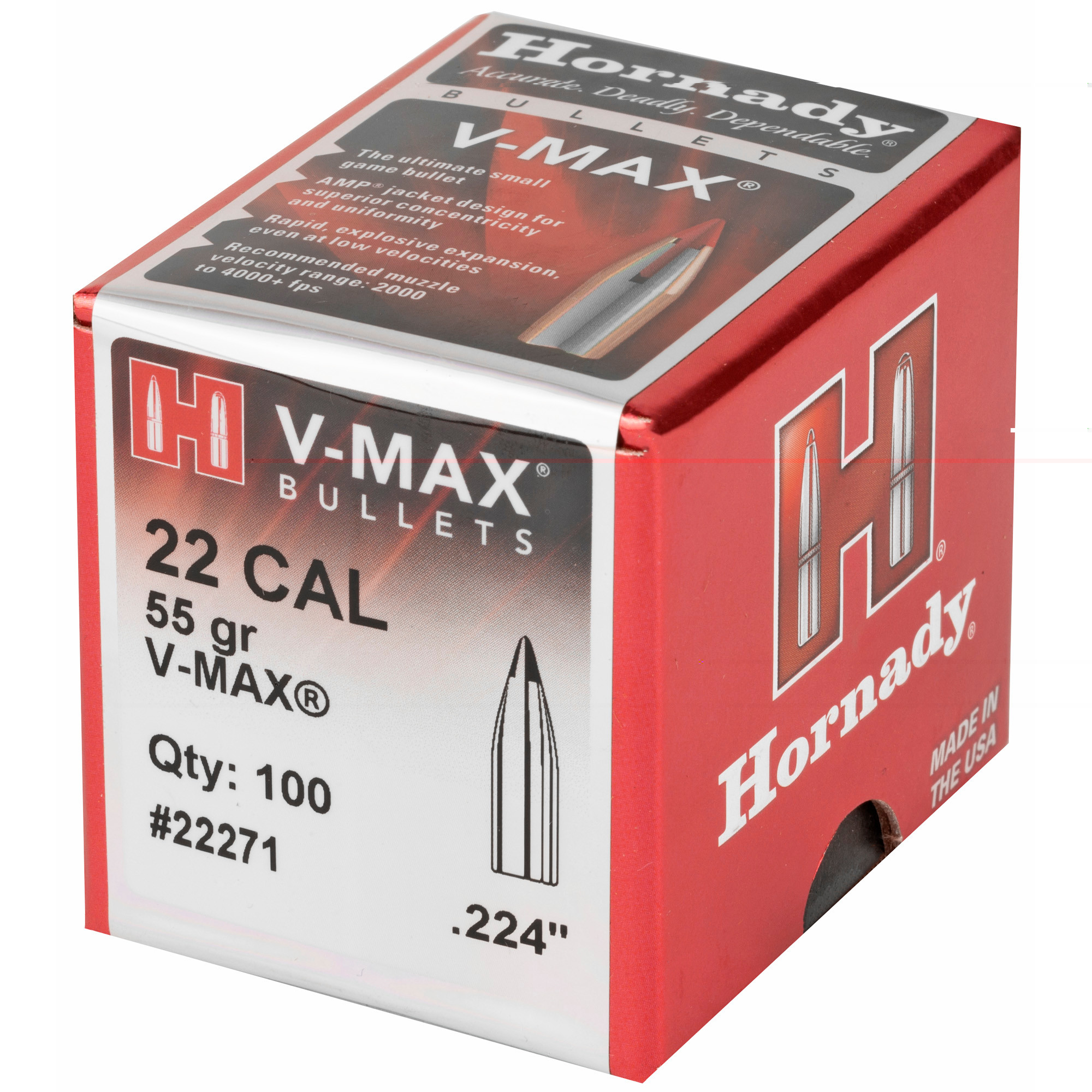 Hornady V-MAX Bullets 22 Caliber (224 Diameter) 55 Grain Flat Base