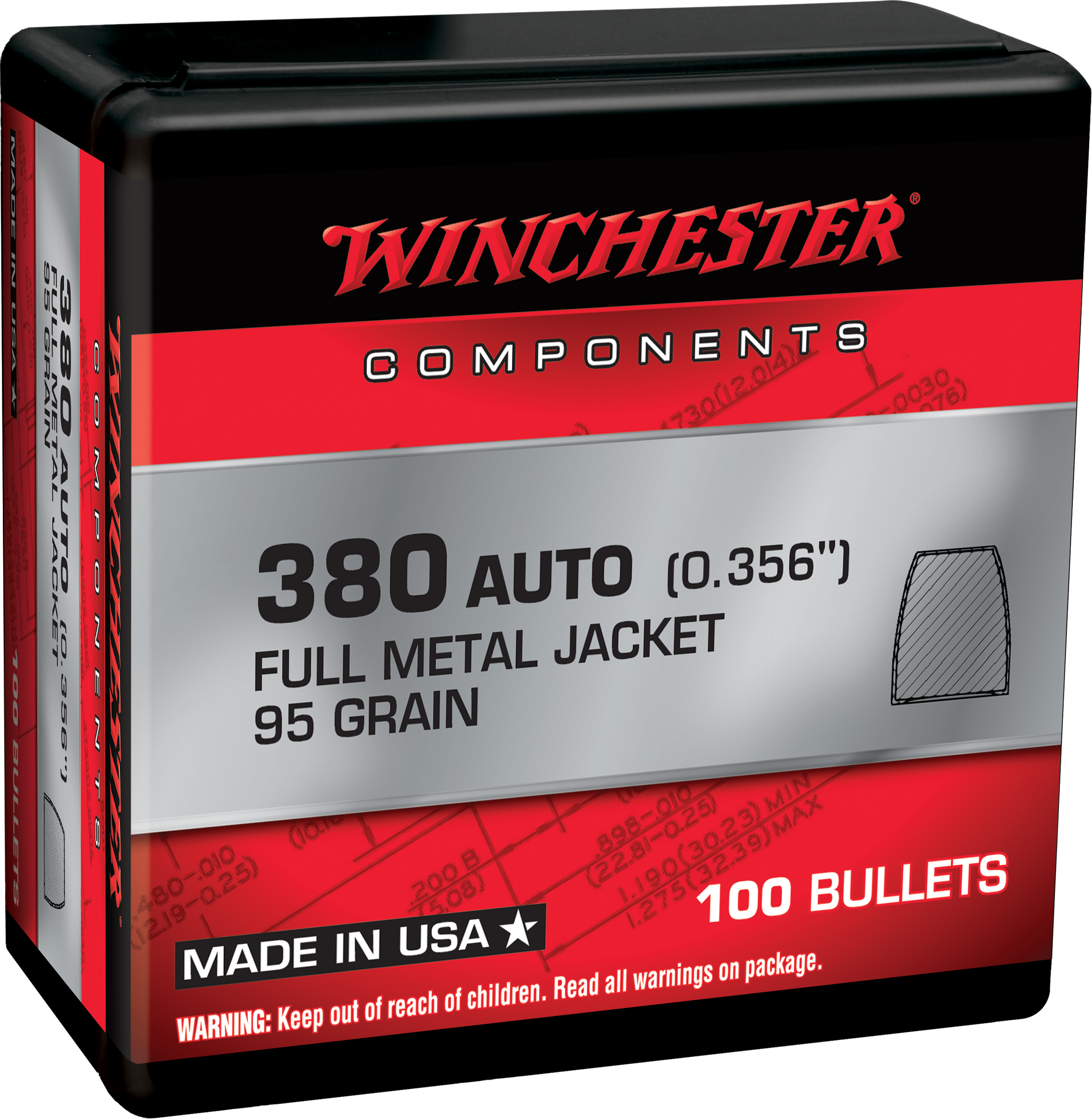 Winchester AmmoCenterfire Handgun Reloading 380 ACP .356 95 gr Full Metal Jacket (FMJ) 100 Per Box