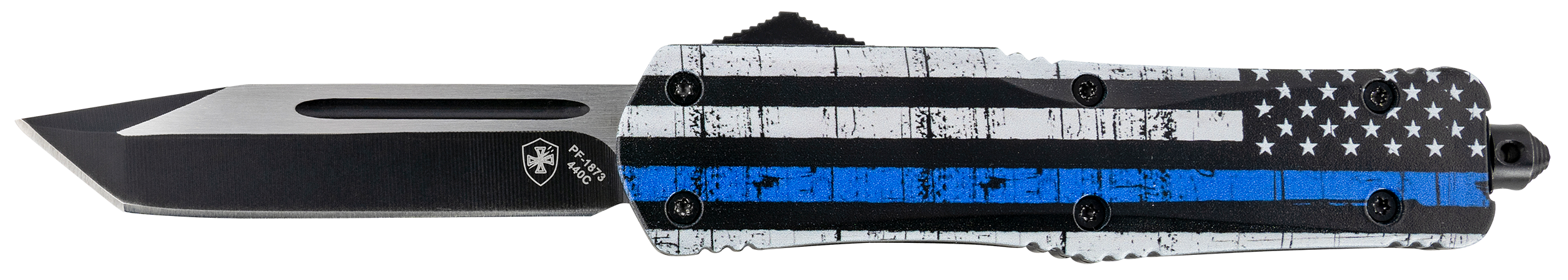 Templar Knife LBTB231 Back The Blue Gen II Large 3.50" OTF Tanto Plain Black Oxide Stonewashed 440C SS Blade/5.25" Black & White w/Blue Line Aluminum Handle Features Glass Breaker Includes Pocket Clip/Sheath
