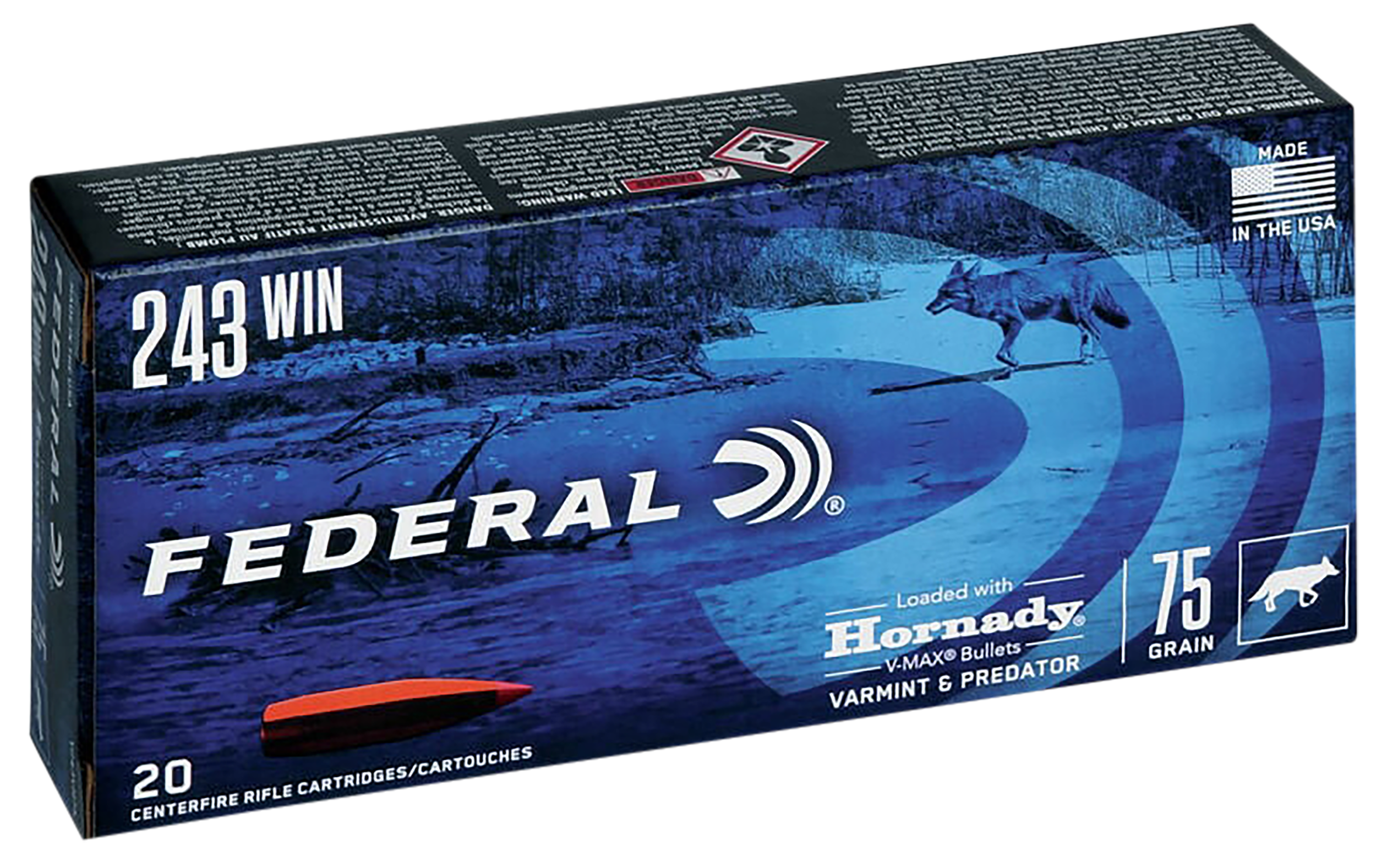 Federal V243VM75 Federal Varmint & Predator 243 Win 75 gr Hornady V-Max (VMX) 20 Per Box/ 10 Cs