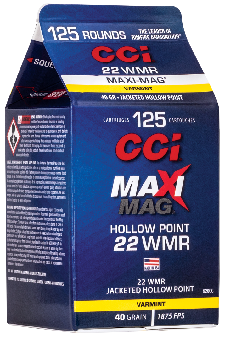 CCI Maxi-Mag Ammunition 22 Winchester Magnum Rimfire (WMR) 40 Grain Jacketed Hollow Point
