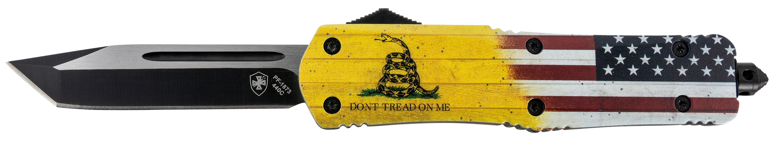 Templar Knife LDTOM231 Don't Tread on Me Gen II Large 3.50" OTF Tanto Plain Black Oxide Stonewashed 440C SS Blade/5.25" Yellow w/Flag & "Don't Tread On Me" Aluminum Handle Features Glass Breaker Includes Pocket Clip/Sheath